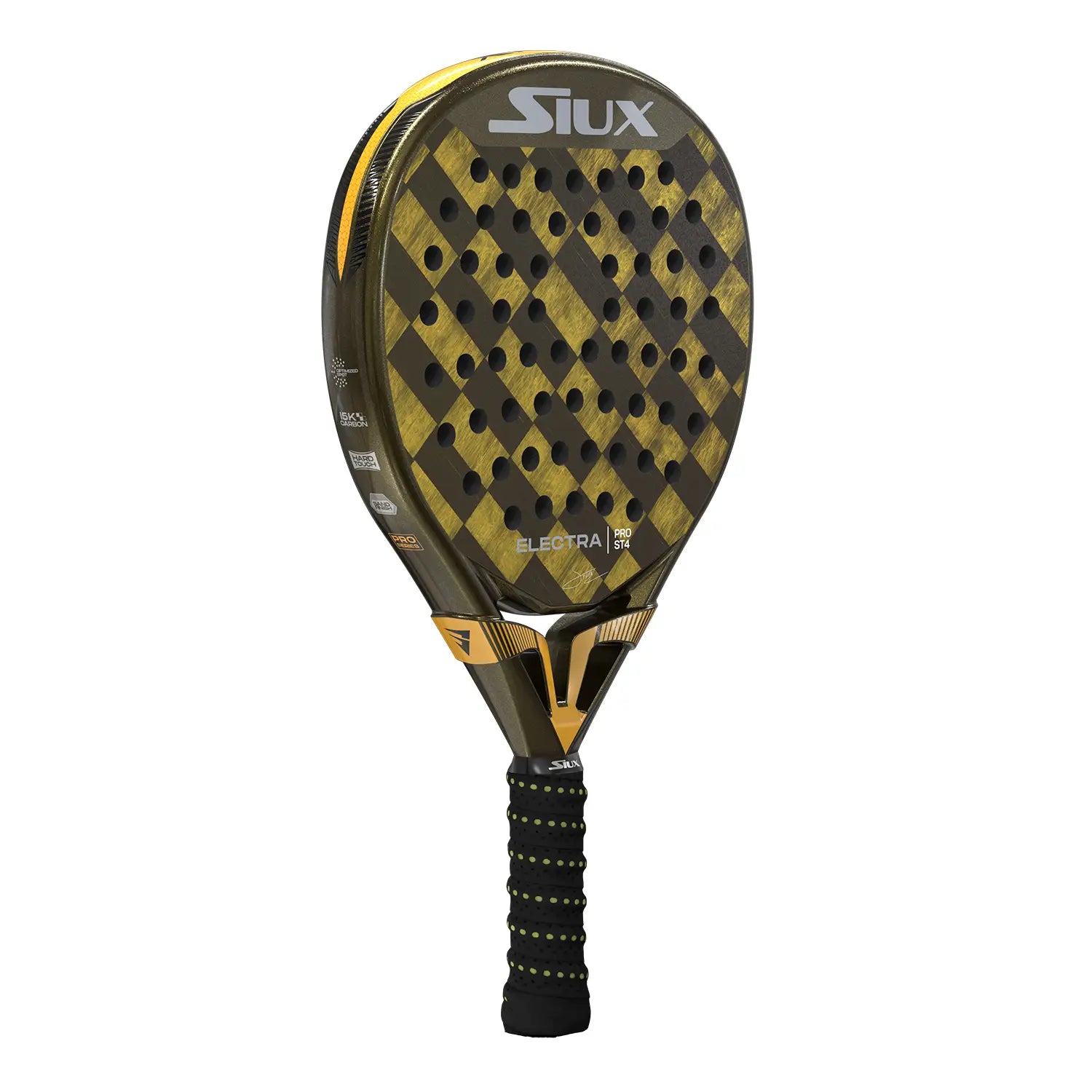 Schuin vooraanzicht Siux Electra Stupa Pro ST4 2025 padelracket – Franco Stupaczuk Edition. Hybride vorm met 15K Carbon en zandafwerking voor spin en power.
