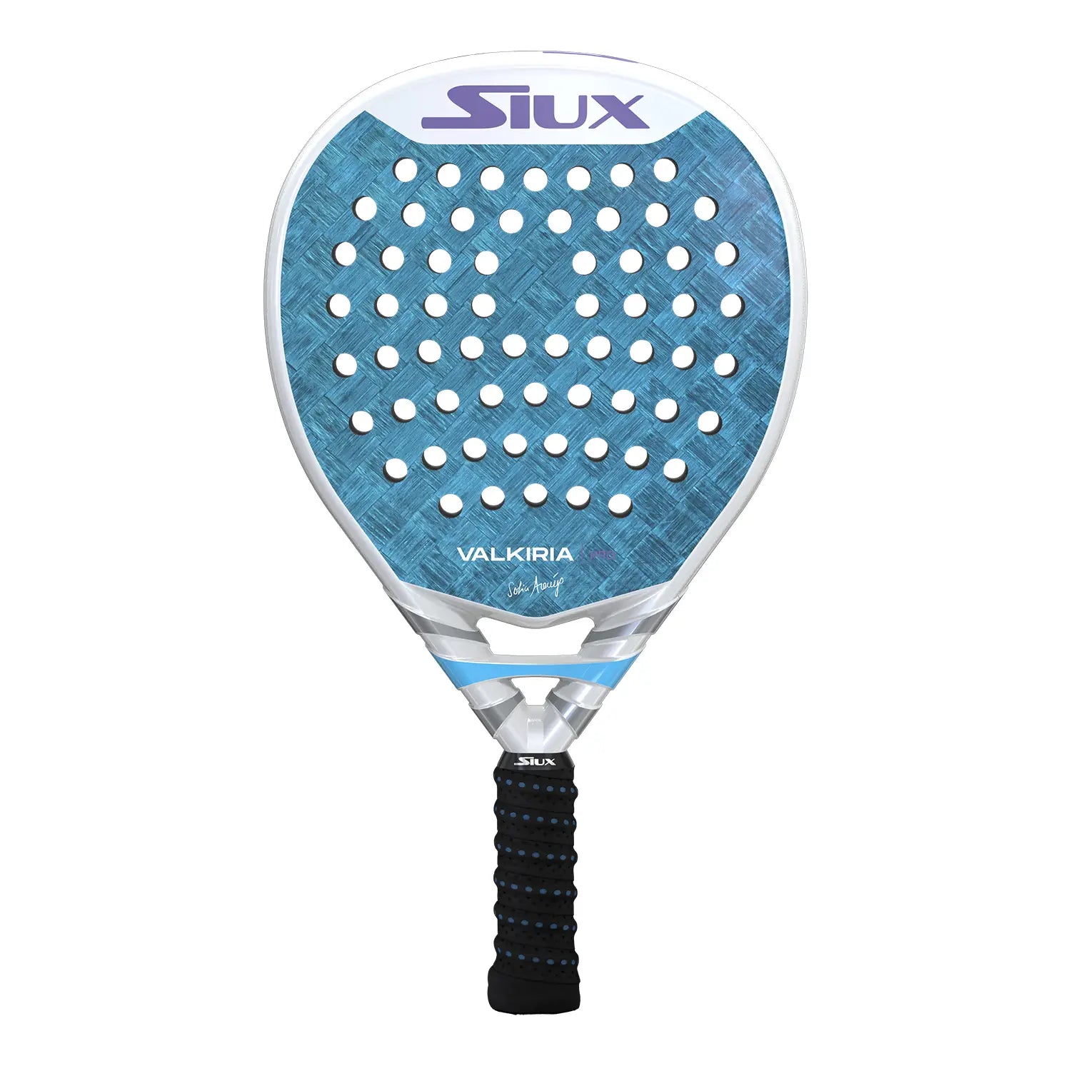 Vooraanzicht Siux Valkiria Pro 2025 padelracket – hybride model met 24K aluminized carbon, Soft EVA-kern en glanzende blauw-witte afwerking.