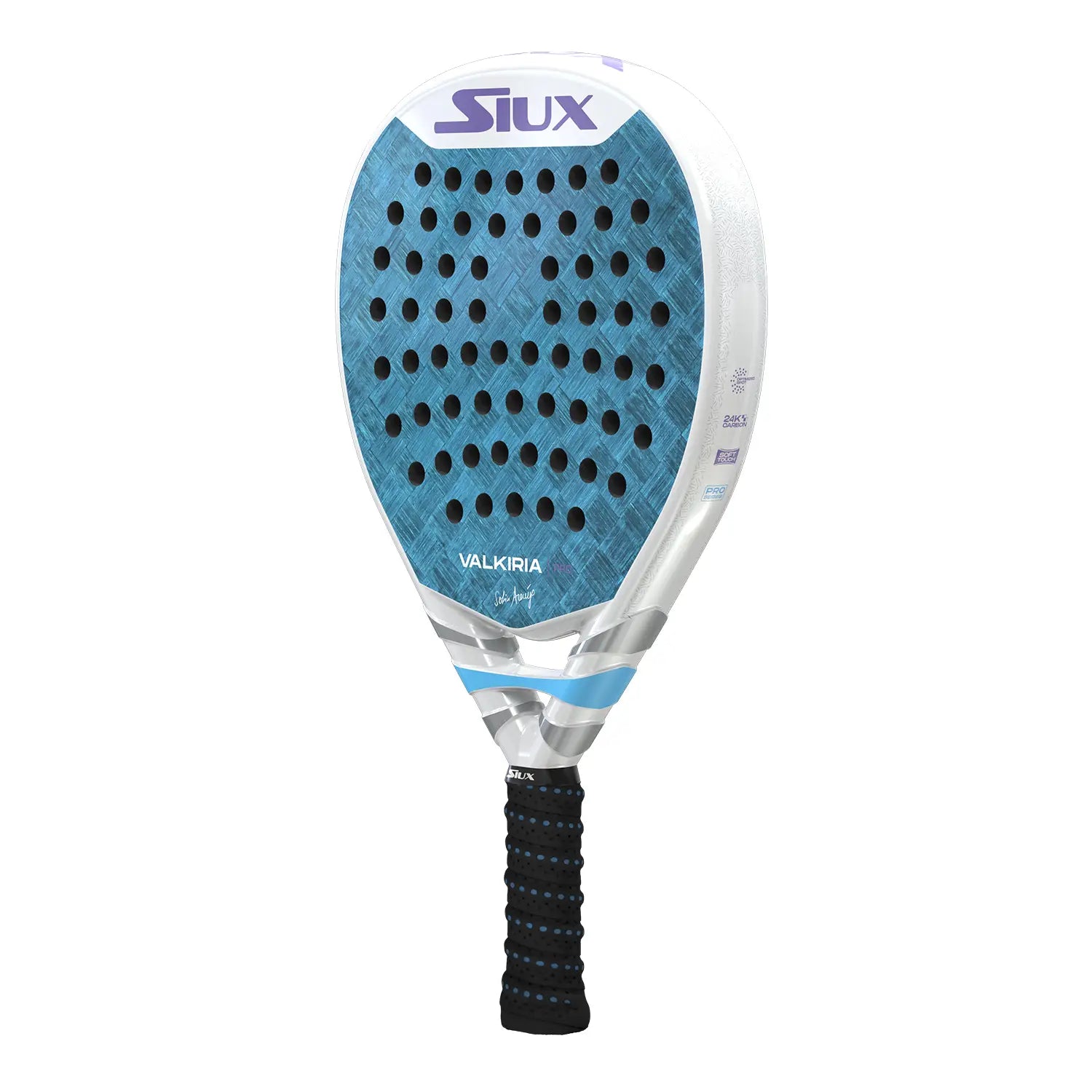 Vooraanzicht Siux Valkiria Pro 2025 padelracket – hybride model met 24K aluminized carbon, Soft EVA-kern en glanzende blauw-witte afwerking.