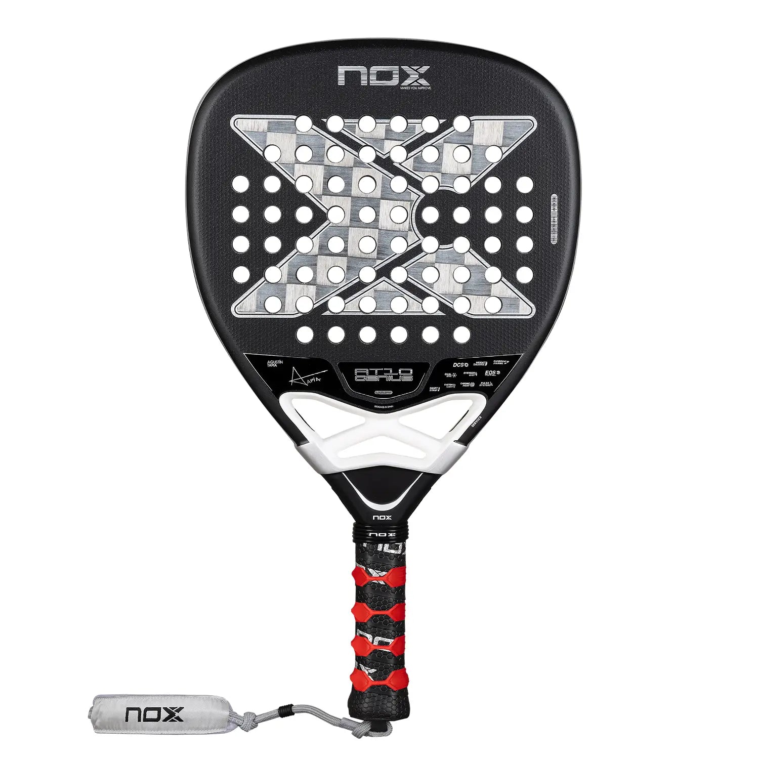 Vooraanzicht Nox AT10 Genius Attack 18K Alum 2026 – Agustín Tapia Edition. Diamantvormig padelracket met 18K Aluminized Carbon, MLD Black EVA-kern en Dual Spin-oppervlak.