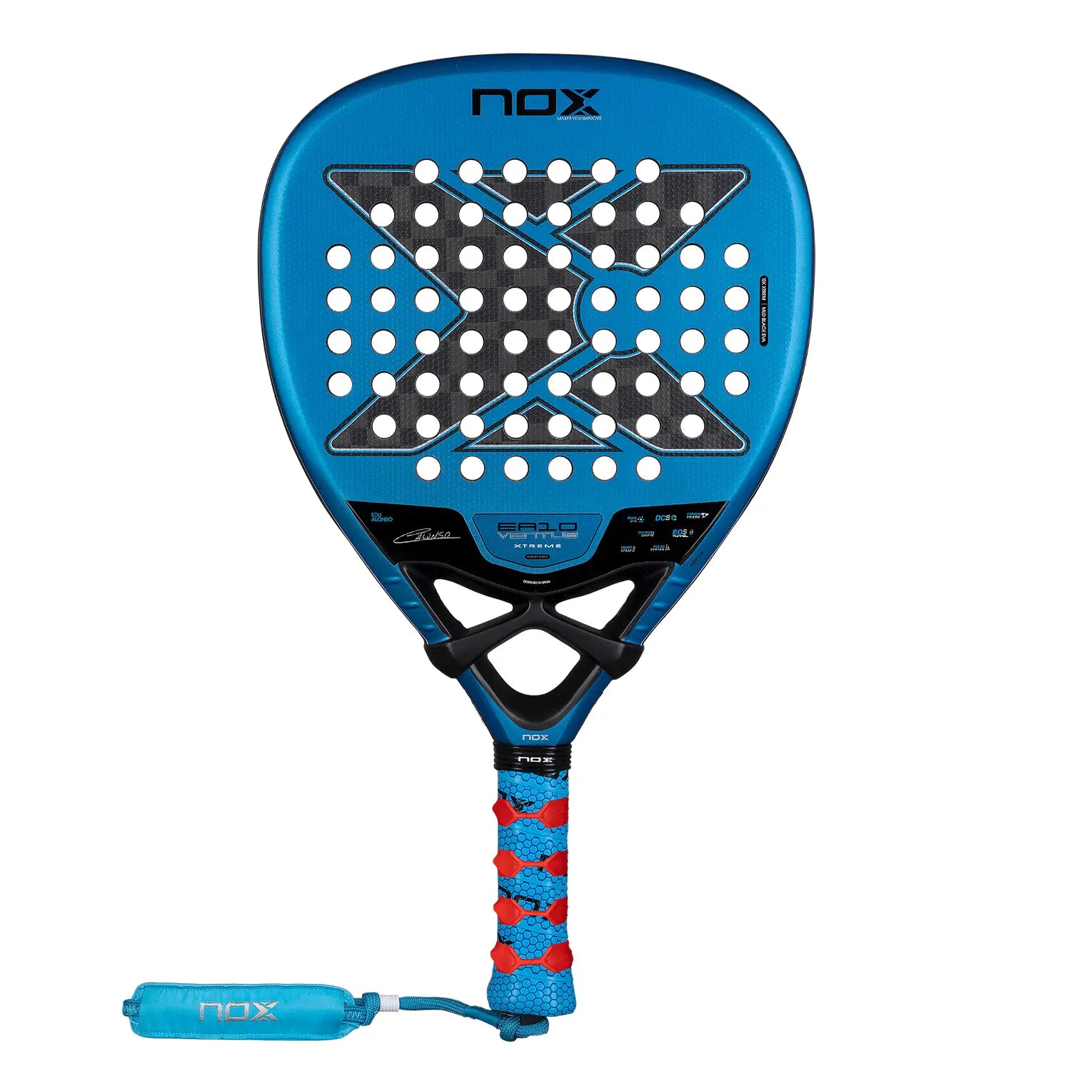 Vooraanzicht Nox EA10 Ventus Attack 12K Xtreme 2026 – Edu Alonso Edition. Diamantvormig padelracket met 12K Carbon, Multilayer Black EVA-kern en 3D-Rough Surface voor krachtig aanvallend spel.