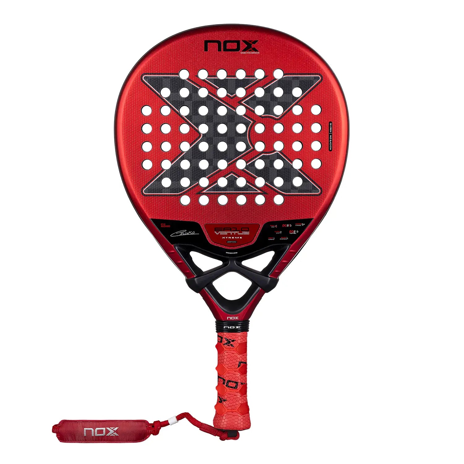 Vooraanzicht Nox EA10 Ventus Hybrid 12K Xtreme 2026 – Edu Alonso Edition. Traanvormig padelracket met 12K Carbon, Multilayer Black EVA-kern en 3D Rough Surface voor veelzijdig en krachtig spel.