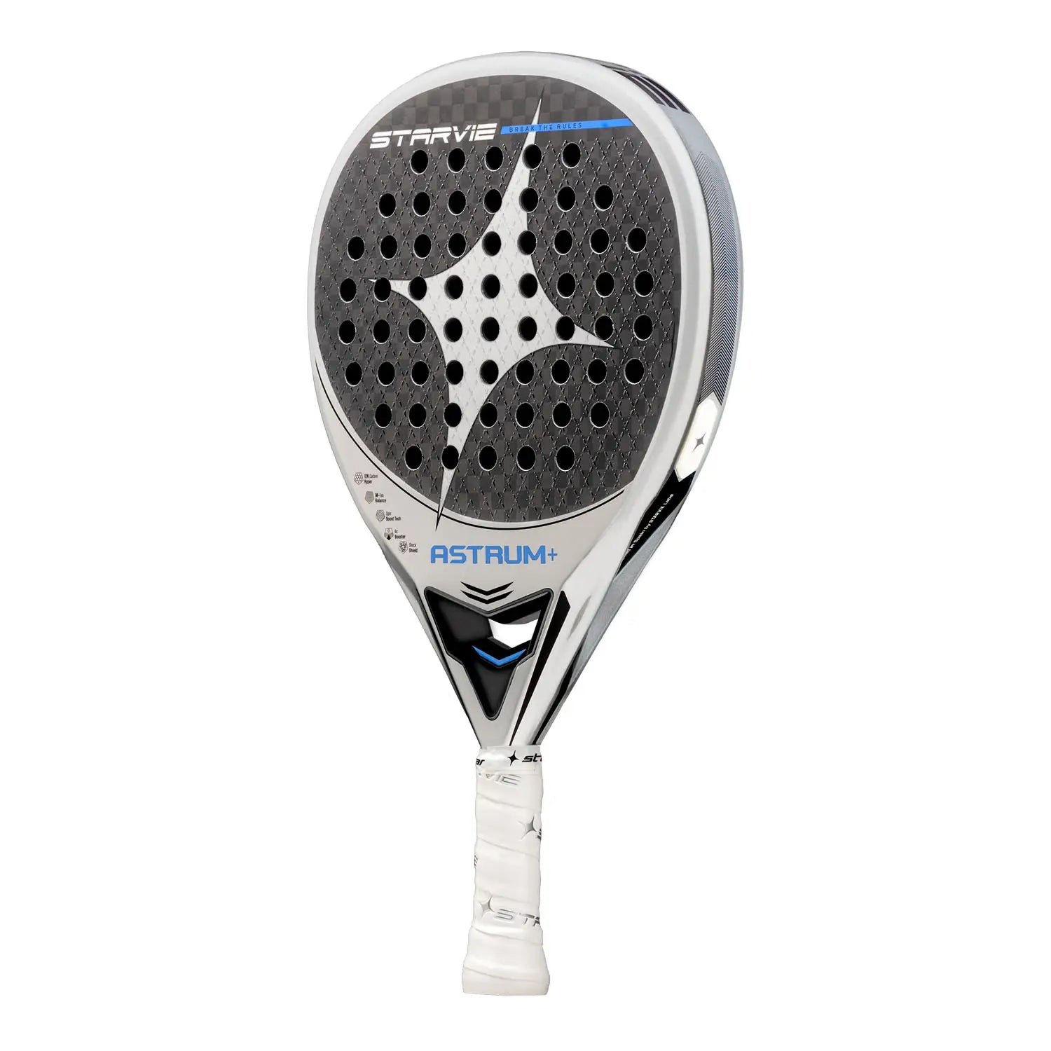 Schuin vooraanzicht StarVie Astrum + 2025 padelracket – traanvormig model met 12K Carbon Hyper, M-EVA Balance en ruwe Spin Boost-afwerking.