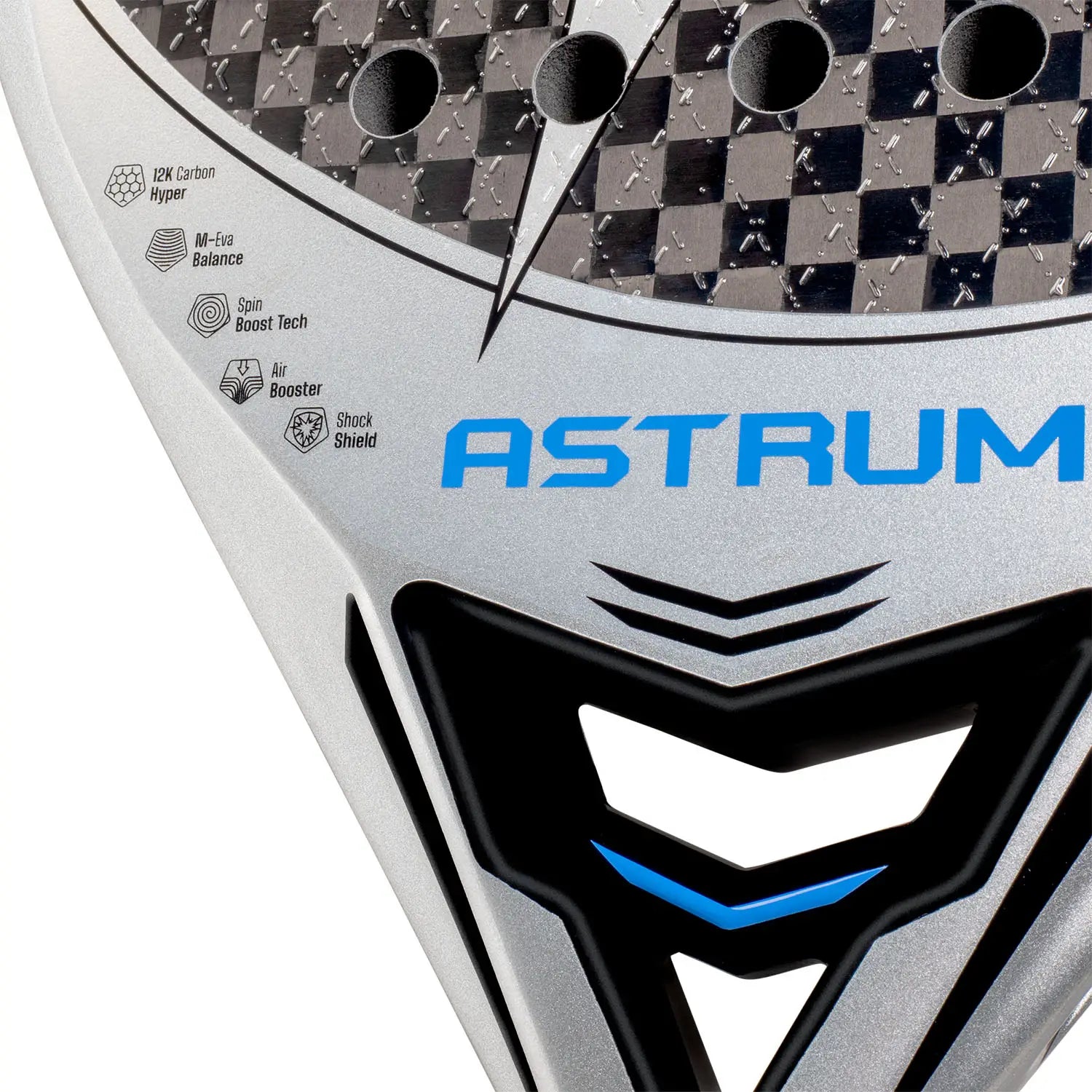 Detail StarVie Astrum + 2025 padelracket – traanvormig model met 12K Carbon Hyper, M-EVA Balance en ruwe Spin Boost-afwerking.