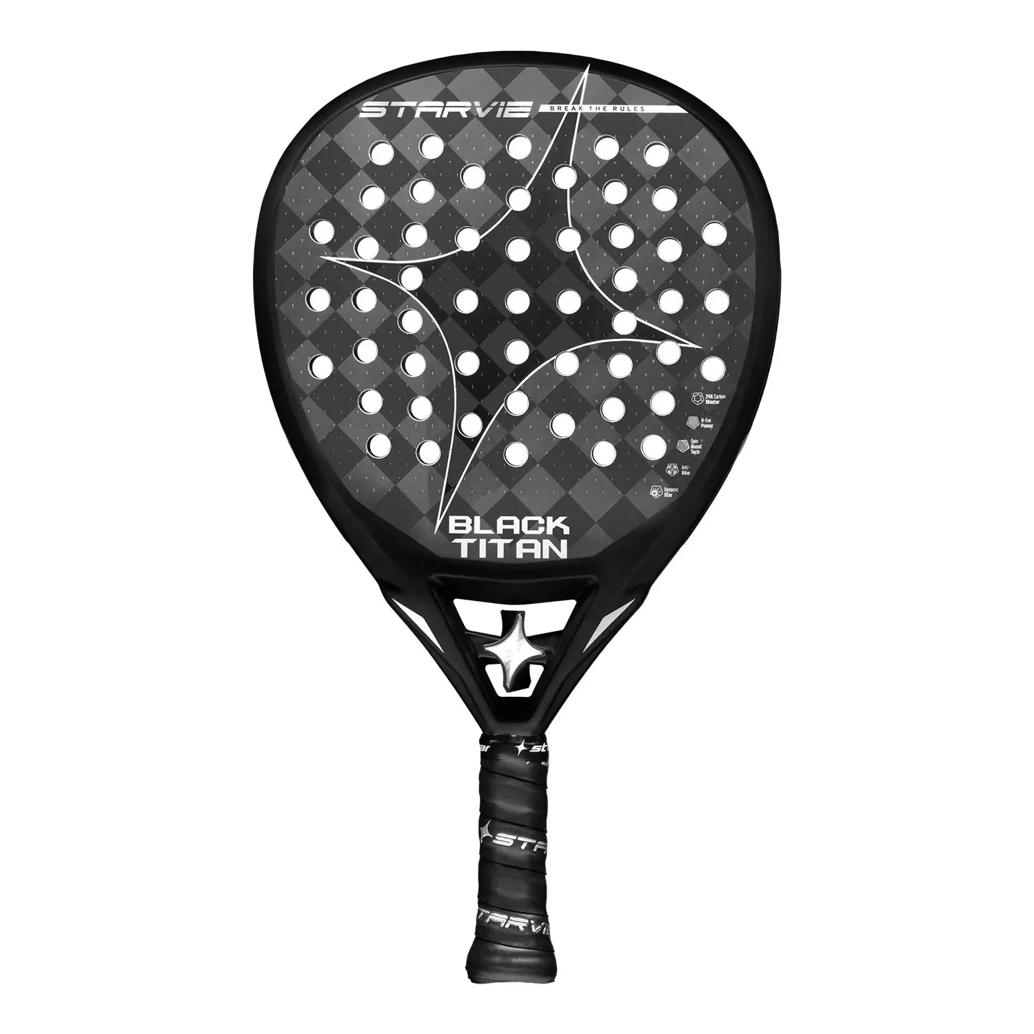 Vooraanzicht StarVie Black Titan 2025 padelracket – hybride model met 24K Carbon Master, H-EVA Power-kern en ruwe Spin Boost-afwerking.