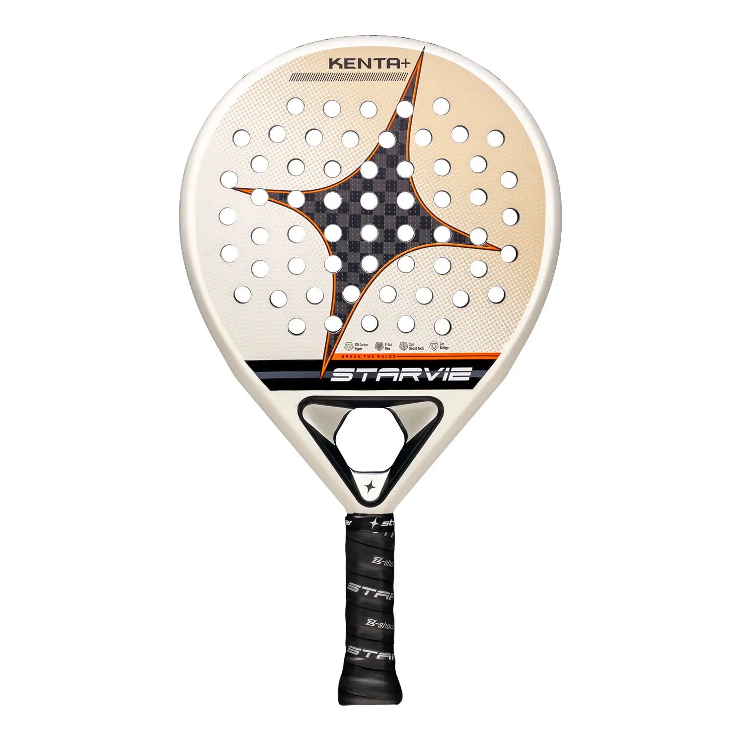 Vooraanzicht StarVie Kenta+ 2025 padelracket – rond model met 12K Carbon Hyper, S-EVA Flex-kern en ruwe Spin Boost-afwerking.