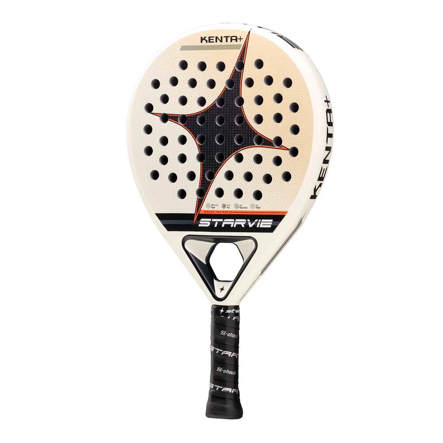Schuin vooraanzicht StarVie Kenta+ 2025 padelracket – rond model met 12K Carbon Hyper, S-EVA Flex-kern en ruwe Spin Boost-afwerking.