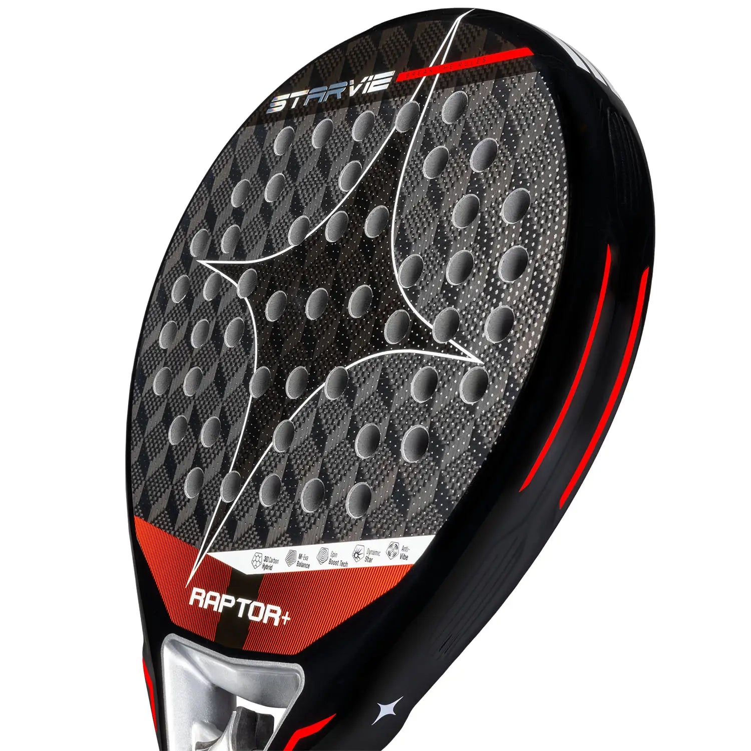 Slagoppervlak StarVie Raptor+ 2026 padelracket – traanvormig met 3D Carbon, M-EVA Balance-kern, Spin Boost-afwerking en Dynamic Star-technologie.