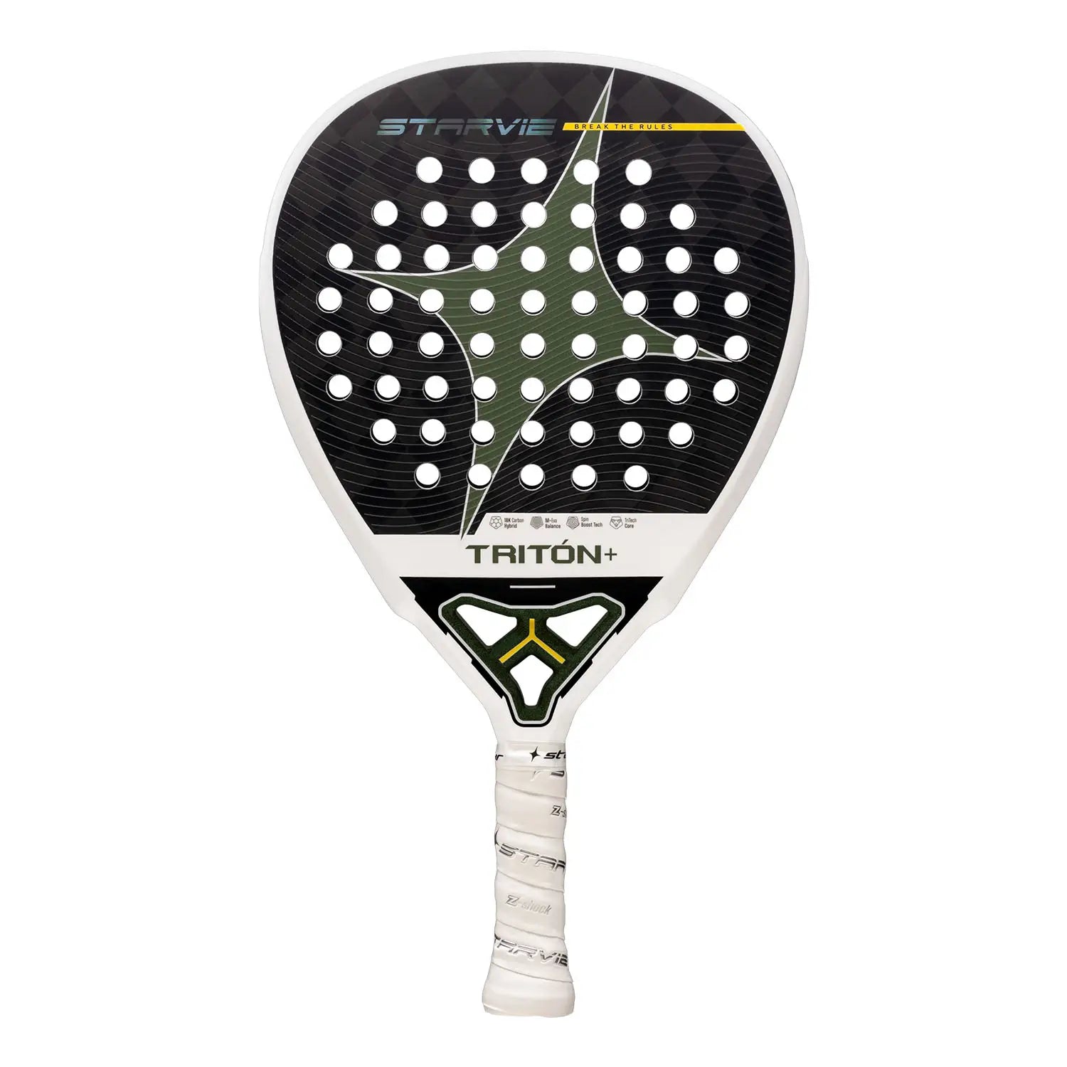 Vooraanzicht StarVie Triton Balance+ 2026 padelracket – diamantvorm met 18K Carbon Hybrid, M-EVA Balance en ruwe Spin Boost-afwerking.