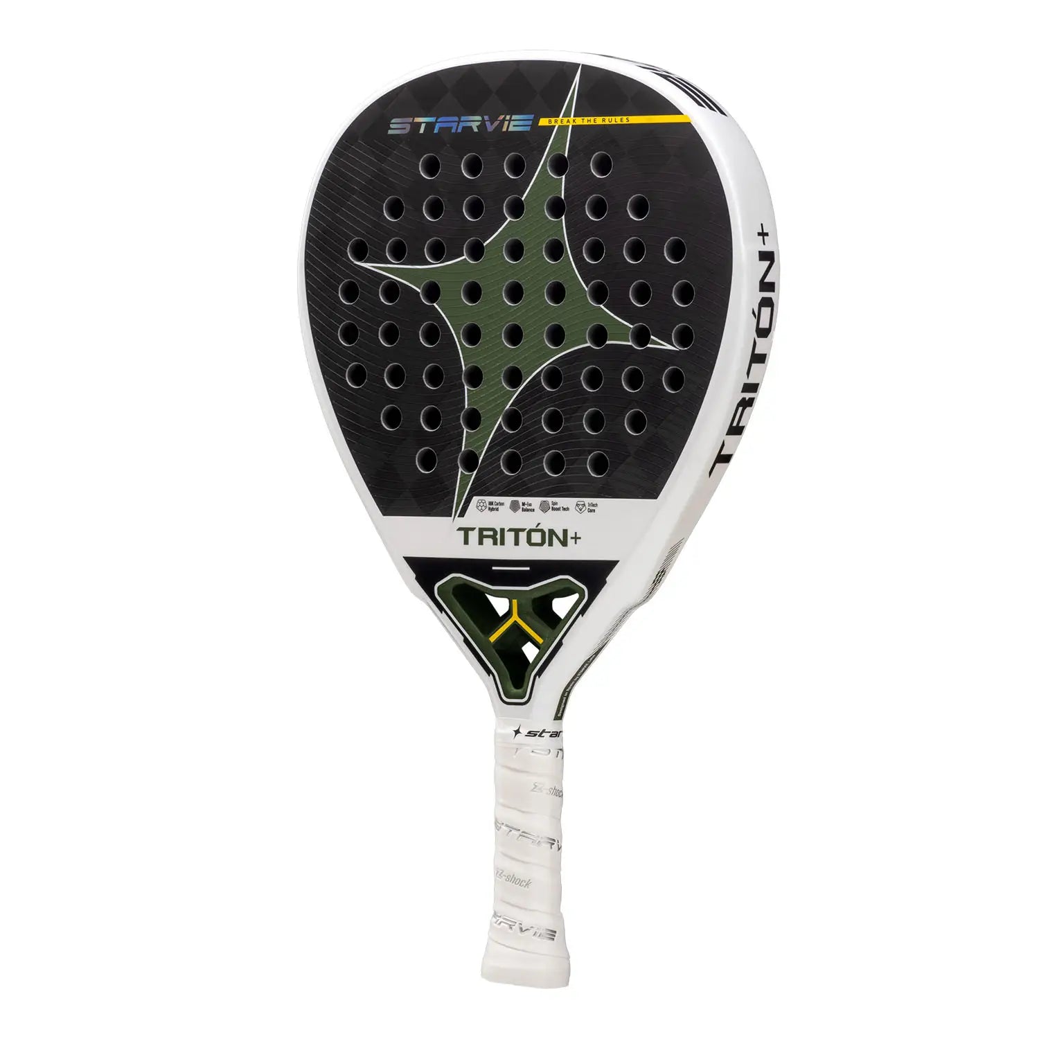 Schuin vooraanzicht StarVie Triton Balance+ 2026 padelracket – diamantvorm met 18K Carbon Hybrid, M-EVA Balance en ruwe Spin Boost-afwerking.