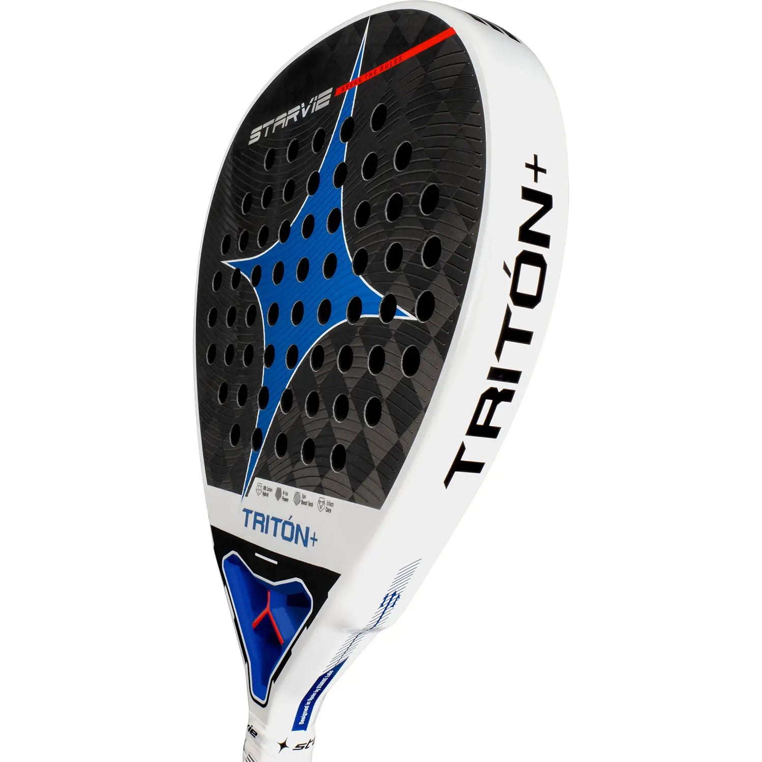 Slagoppervlak StarVie Triton Power+ 2026 padelracket – diamantvormig model met 18K Carbon Hybrid, H-EVA Power-kern en ruwe Spin Boost-afwerking.