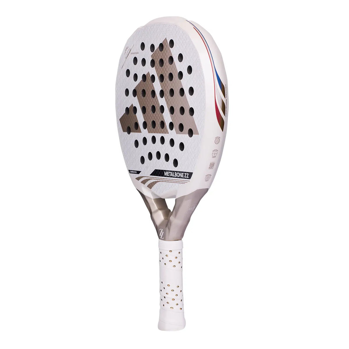 Schuin vooraanzicht witte padel racket Adidas Metalbone ZZ Carbon 2026 met goudkleurig Adidas logo
