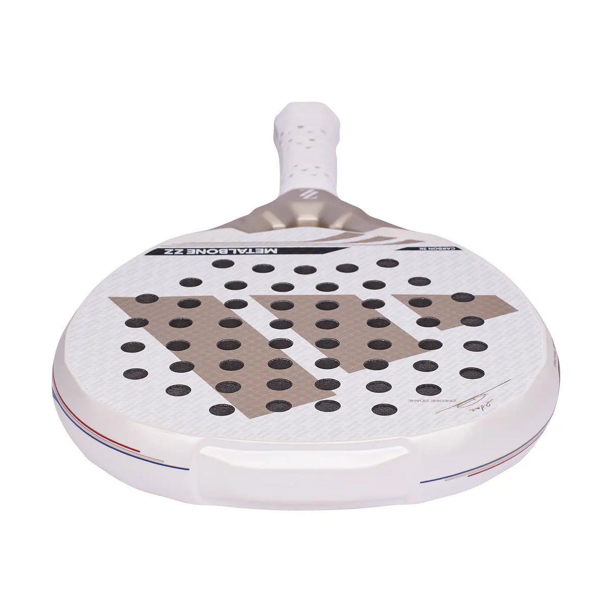 Bovenaanzicht witte padel racket Adidas Metalbone ZZ Carbon 2026 met goudkleurig Adidas logo