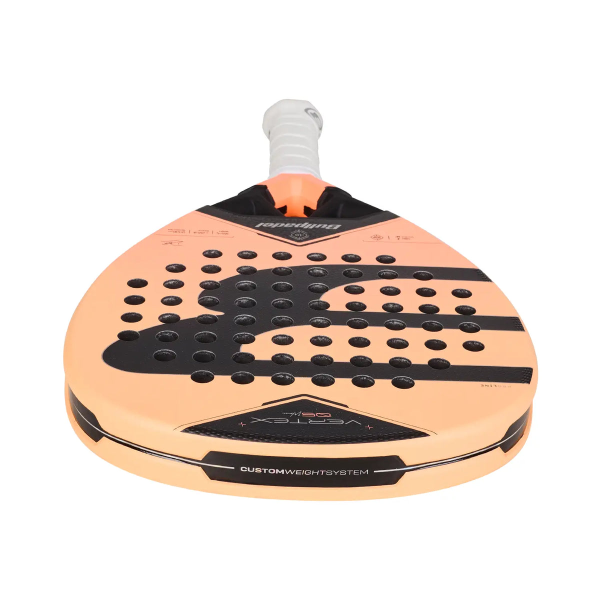 Bovenaanzicht licht organje padel racket Bullpadel Vertex 05 2027 Woman met zwart Bullpadel logo op het slagoppervlak.