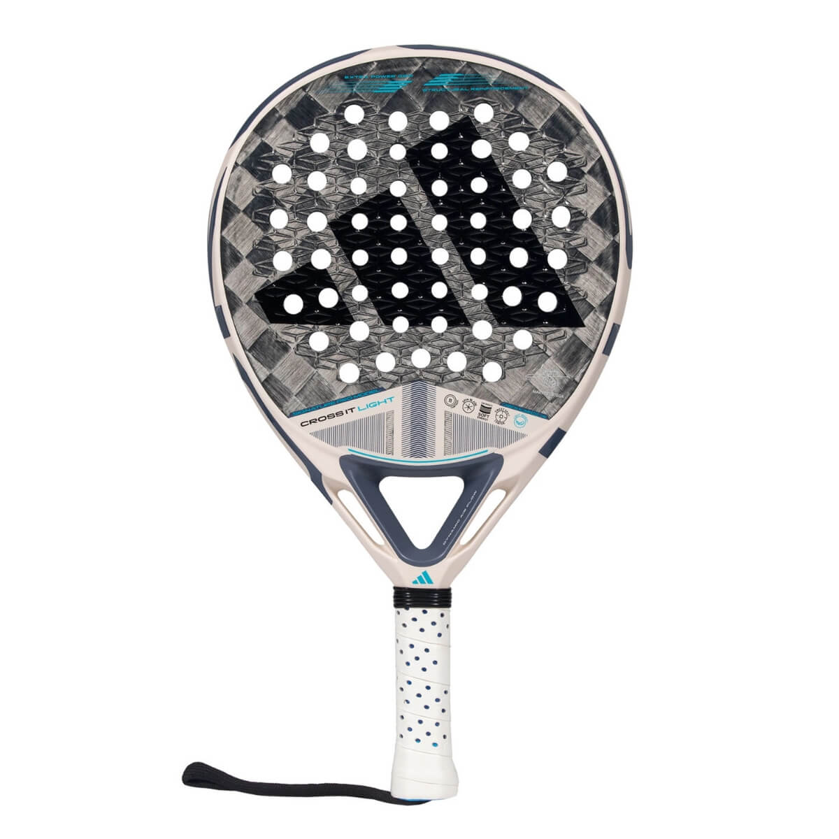 Adidas Cross It Light 3.4 padel racket wit blauw vooraanzicht met zwart adidas logo.