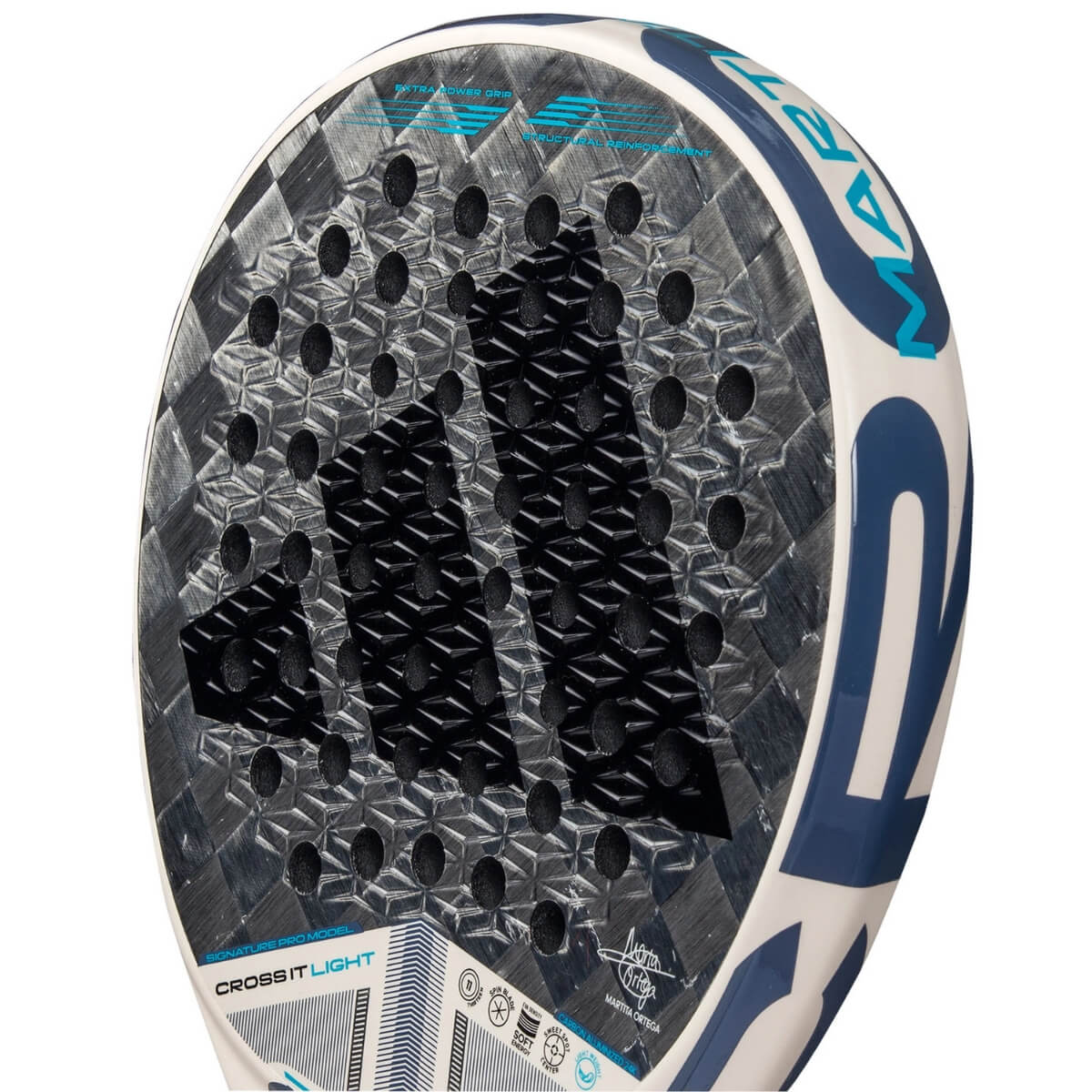 Adidas Cross It Light 3.4 padel racket wit blauw vooraanzicht slagoppervlak met zwart adidas logo.