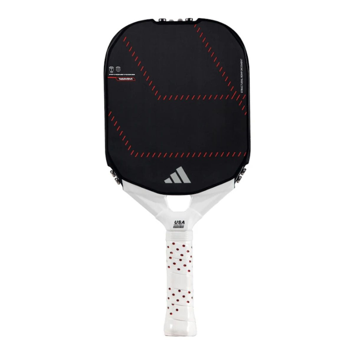 Vooraanzicht Adidas Metalbone LP 2025 pickleballracket – verlengd model met verstelbaar gewicht, 16 mm dikte en gestructureerd oppervlak voor spin en controle.