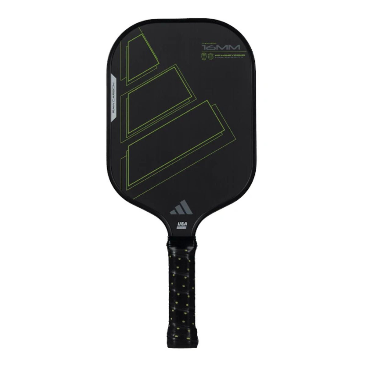 Vooraanzicht Adidas RX Carbon ATTK 2025 pickleballracket – verlengd model met ruw carbon blad, 16 mm dikte en brede sweetspot voor agressief aanvallend spel.