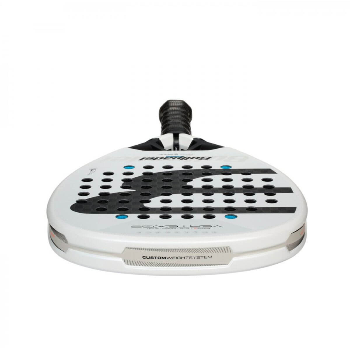 Bovenaanzicht van het Bullpadel Vertex 05 2026 padelracket – diamantvormig racket in zwart-witdesign, met ruwe Top Spin-afwerking en geavanceerde technologieën voor power en controle.