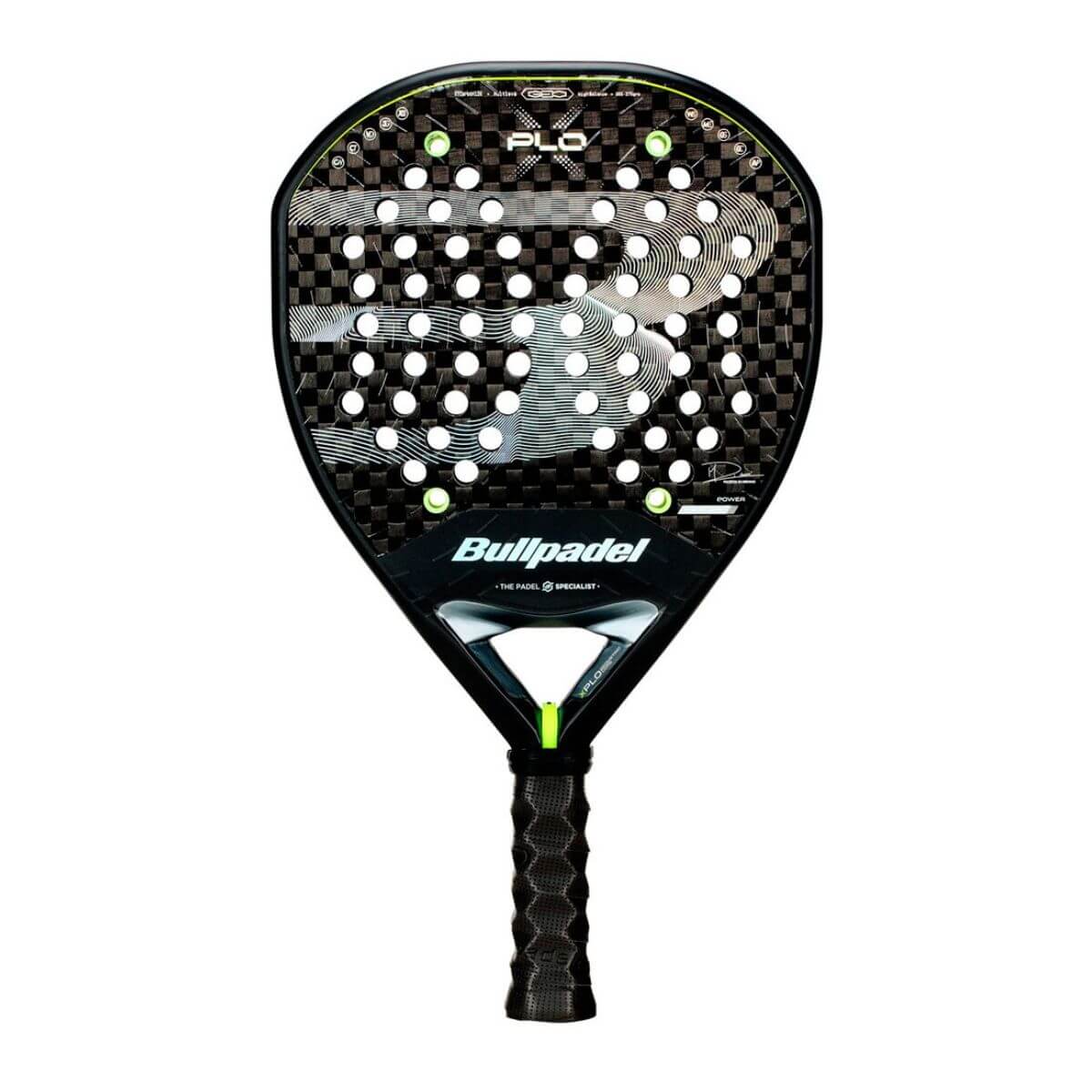 Vooraanzicht Bullpadel XPLO 2026 padelracket – geometrisch gevormd racket in zwart/grijs modern design met Xtend Carbon 12K en 3D Grain-afwerking voor ultieme kracht en spin.
