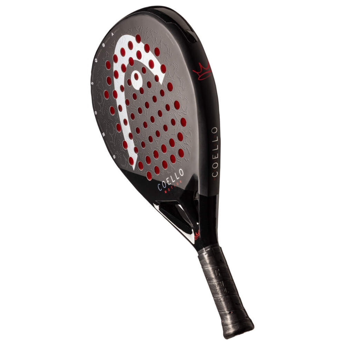 Schuin vooraanzicht van Head Coello Motion zwarte padel racket met wit Head logo en het woord Coello onderaan.