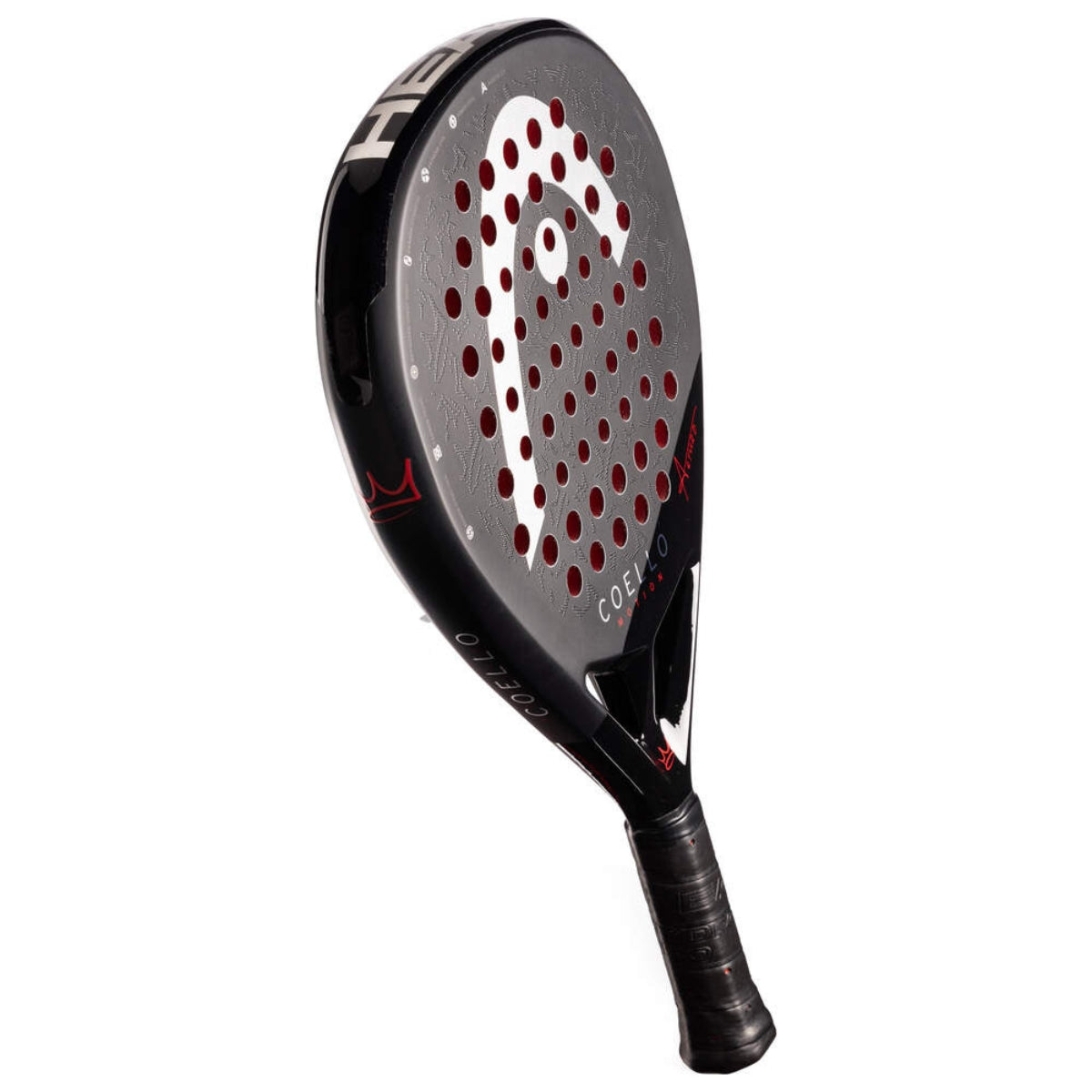 Schuin vooraanzicht van Head Coello Motion zwarte padel racket met wit Head logo en het woord Coello onderaan.