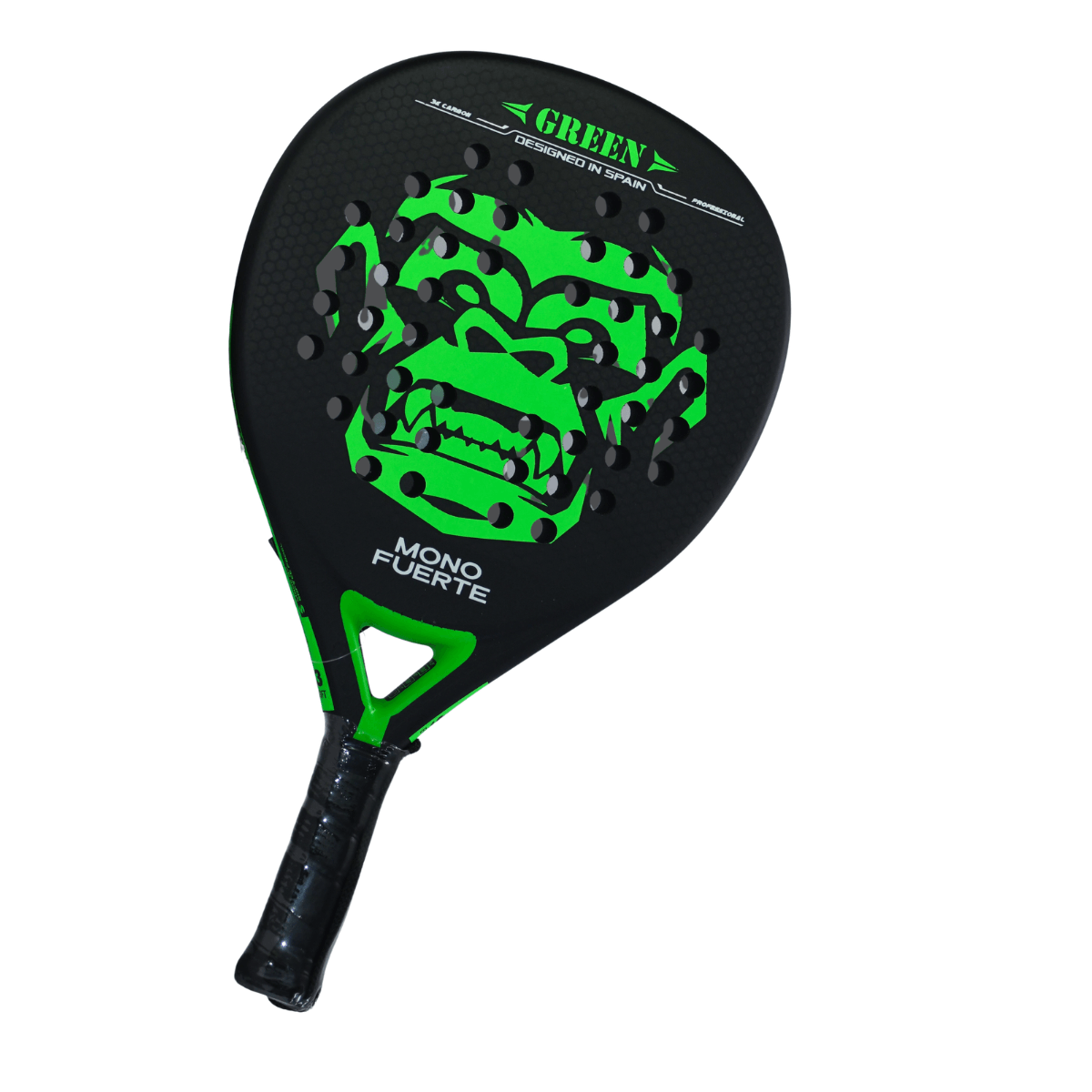 Zwart padel racket met groen aap logo Mono Fuerte Green schuin vooraanzicht