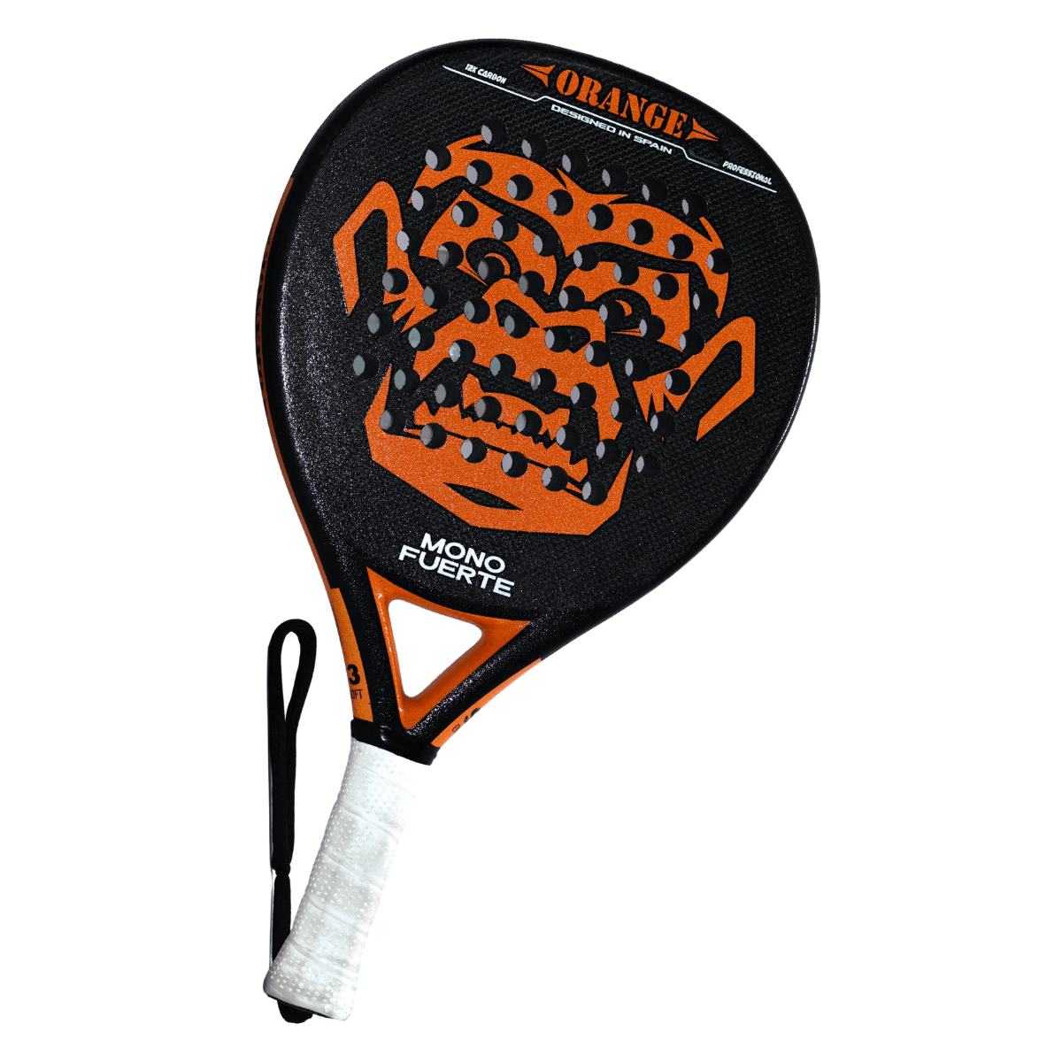 Zwart padel racket met oranje aap logo Mono Fuerte orange schuin vooraanzicht