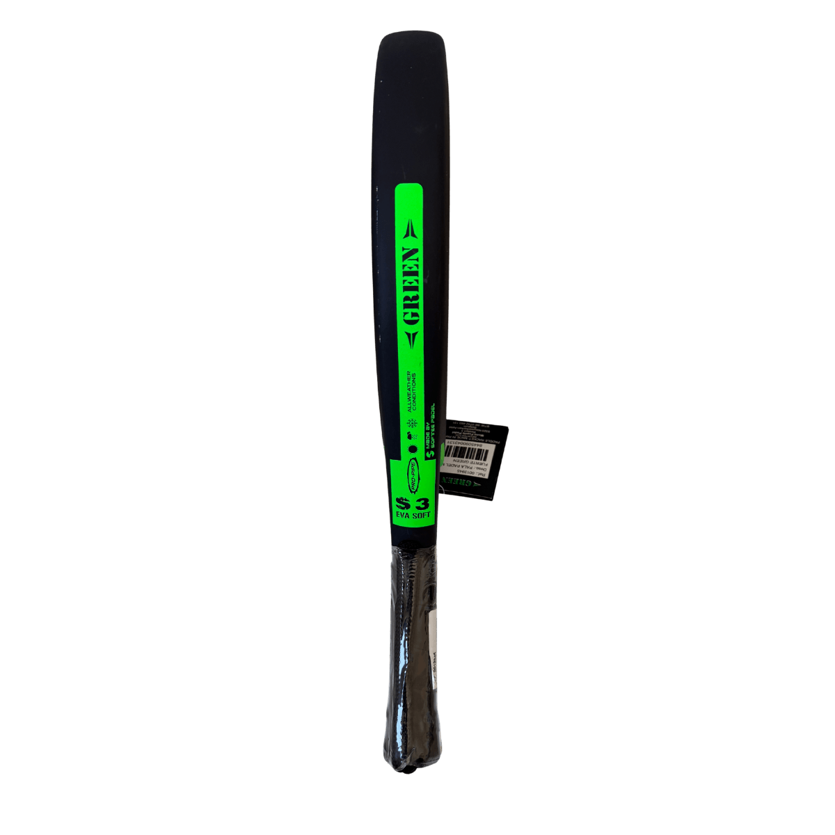 Zwart padel racket met groen aap logo Mono Fuerte Green zijaanzicht