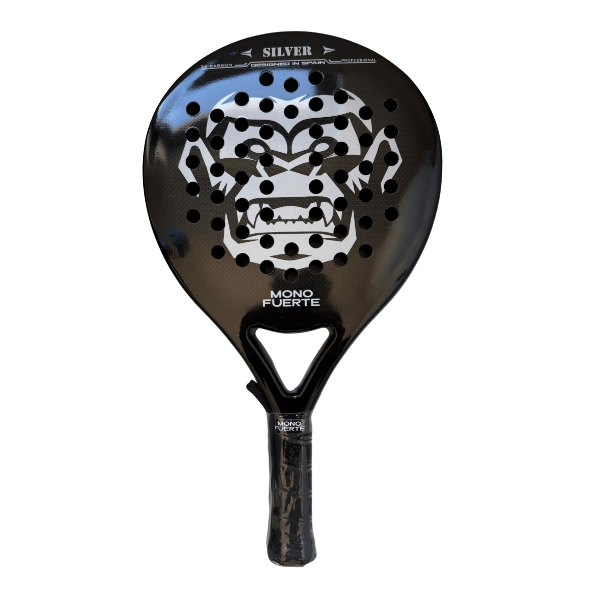 Zwart padel racket met zilveren aap logo Mono Fuerte Silver vooraanzicht
