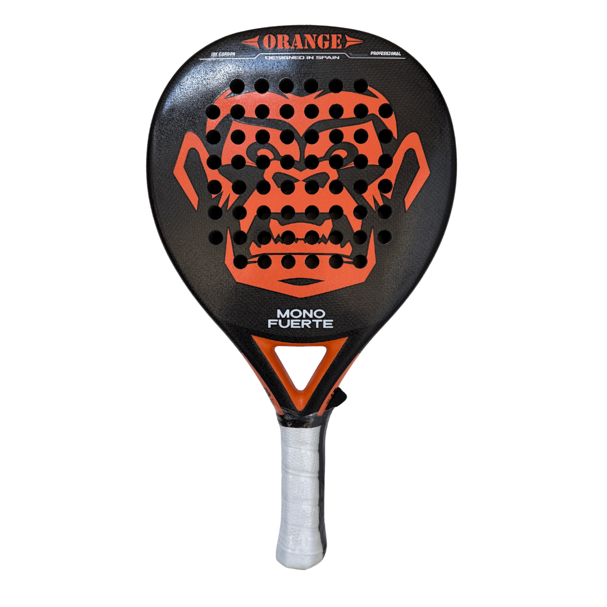 Zwart padel racket met oranje aap logo Mono Fuerte orange vooraanzicht