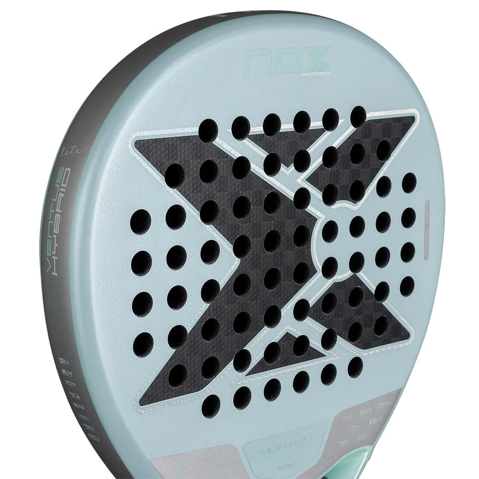 Detail slagoppervlak Nox Ventus Hybrid 12K Lite 2026 – Lichtgewicht professioneel padelracket met 12K Carbon, MLD Black EVA-kern en 3D Dual Spin-textuur.