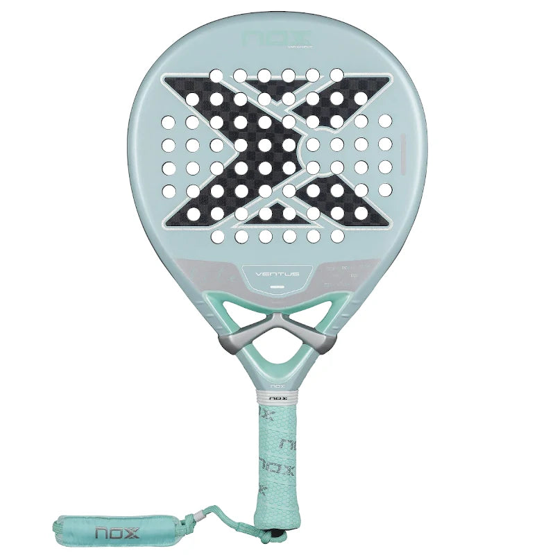 Vooraanzicht Nox Ventus Hybrid 12K Lite 2026 – Lichtgewicht professioneel padelracket met 12K Carbon, MLD Black EVA-kern en 3D Dual Spin-textuur.