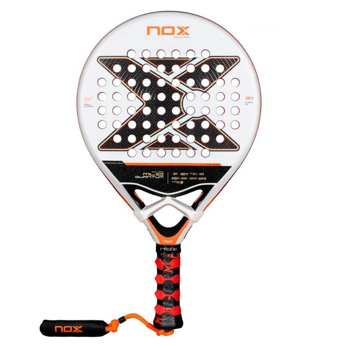 Vooraanzicht: Nox ML10 Quantum 3K 2025 padelracket, zwart met zilveren details en Nox-logo centraal op het blad.