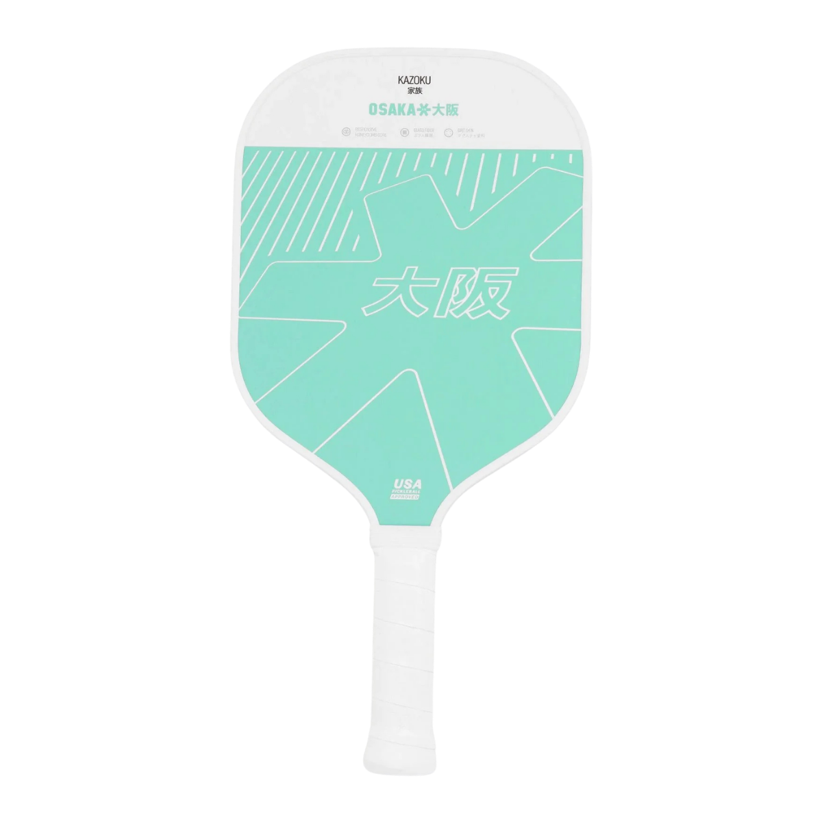 Vooraanzicht wit met lichtblauw pickleball racket met wit logo Osaka