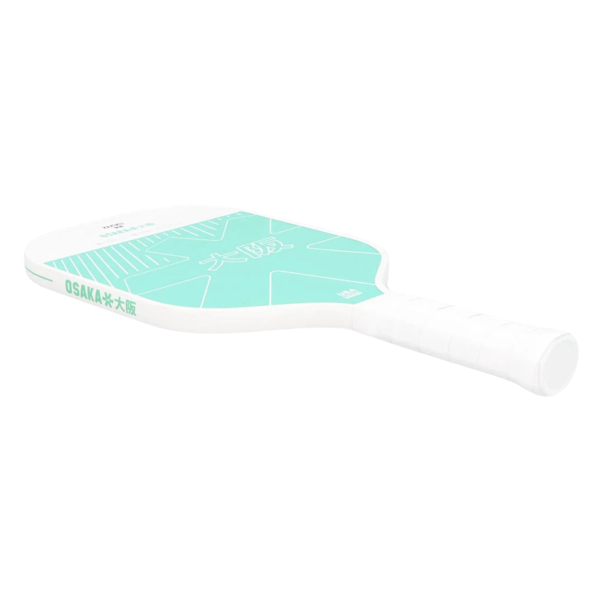 Schuin bovenaanzicht wit met lichtblauw pickleball racket met wit logo Osaka