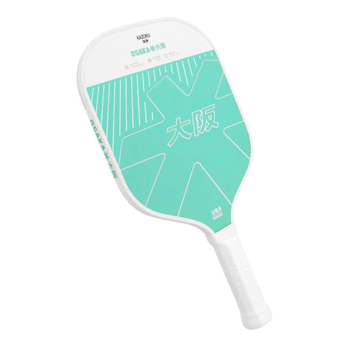 Schuin vooraanzicht wit met lichtblauw pickleball racket met wit logo Osaka