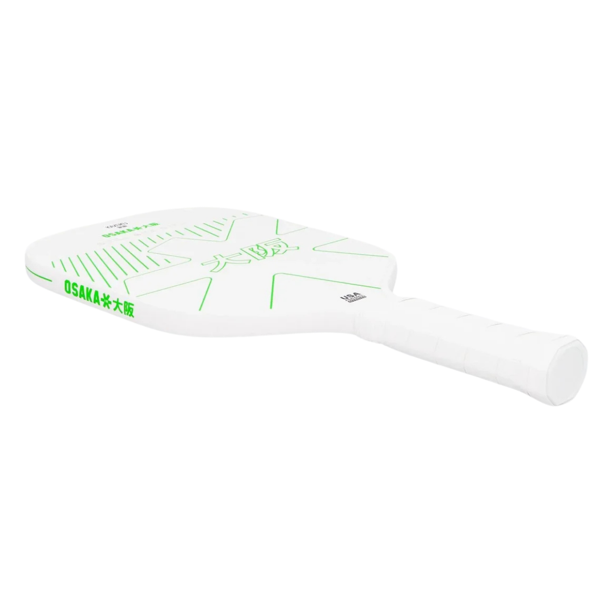 Schuin bovenaanzicht wit pickleball racket met groen Osaka logo