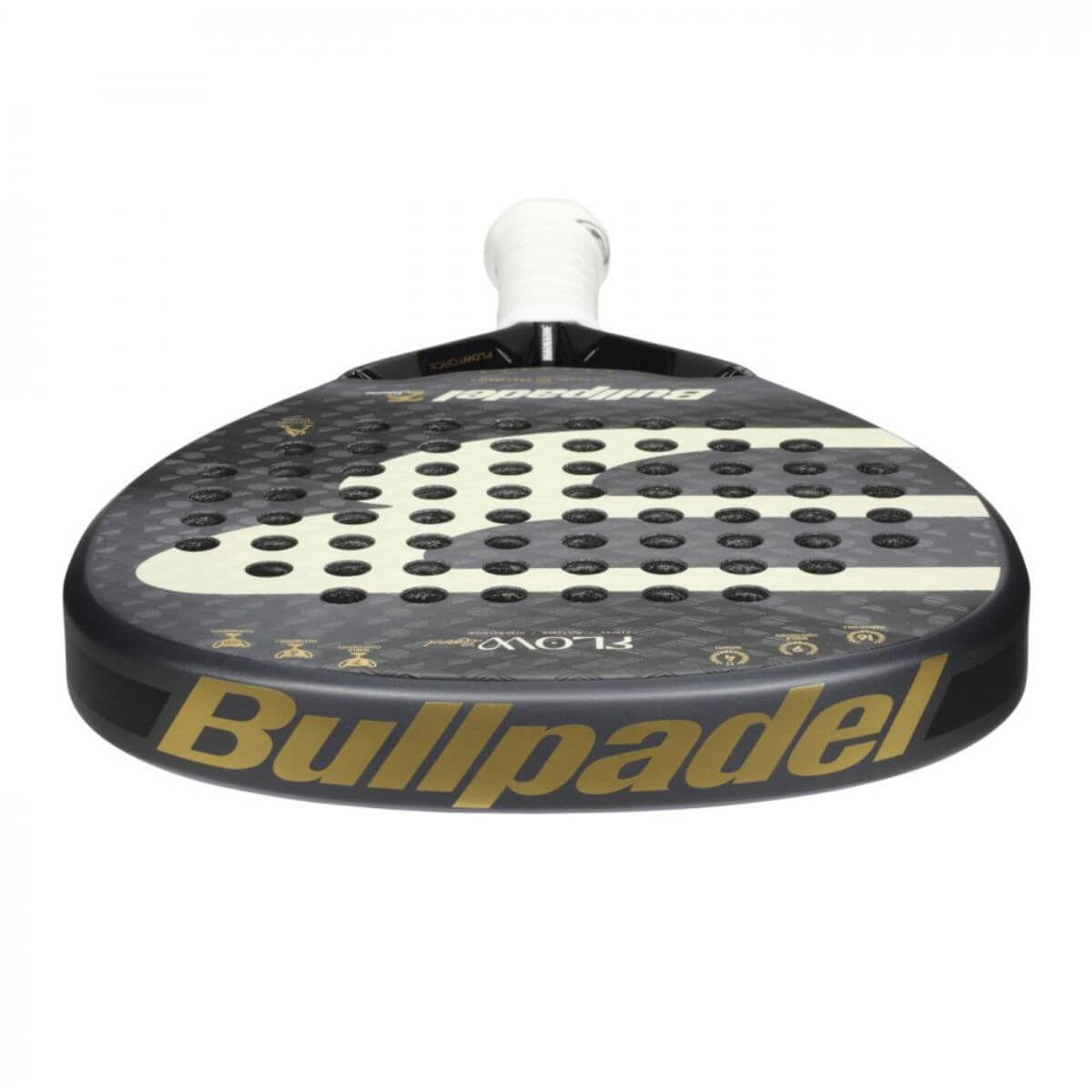Bovenaanzicht Bullpadel Flow Legend padelracket – diamantvormig racket, zwart-goud design van Alejandra Salazar met Fibrix-blad en Multieva-kern.