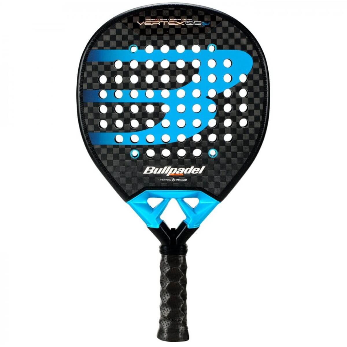 Vooraanzicht Bullpadel Vertex 05 Hybrid padelracket – zwart racket met blauw Bullpadel logo - hybride vorm met Xtend Carbon 12K-blad en Multieva-kern.