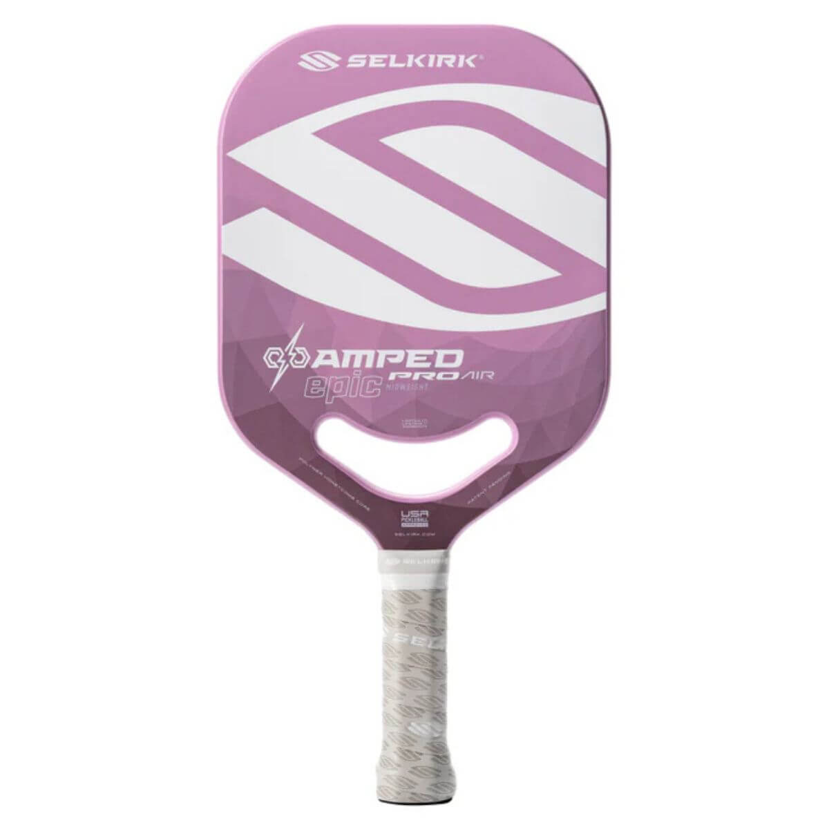 Vooraanzicht van de paarse Selkirk AMPED Pro Air Epic pickleball racket met groot wit Selkirk-logo op het blad.