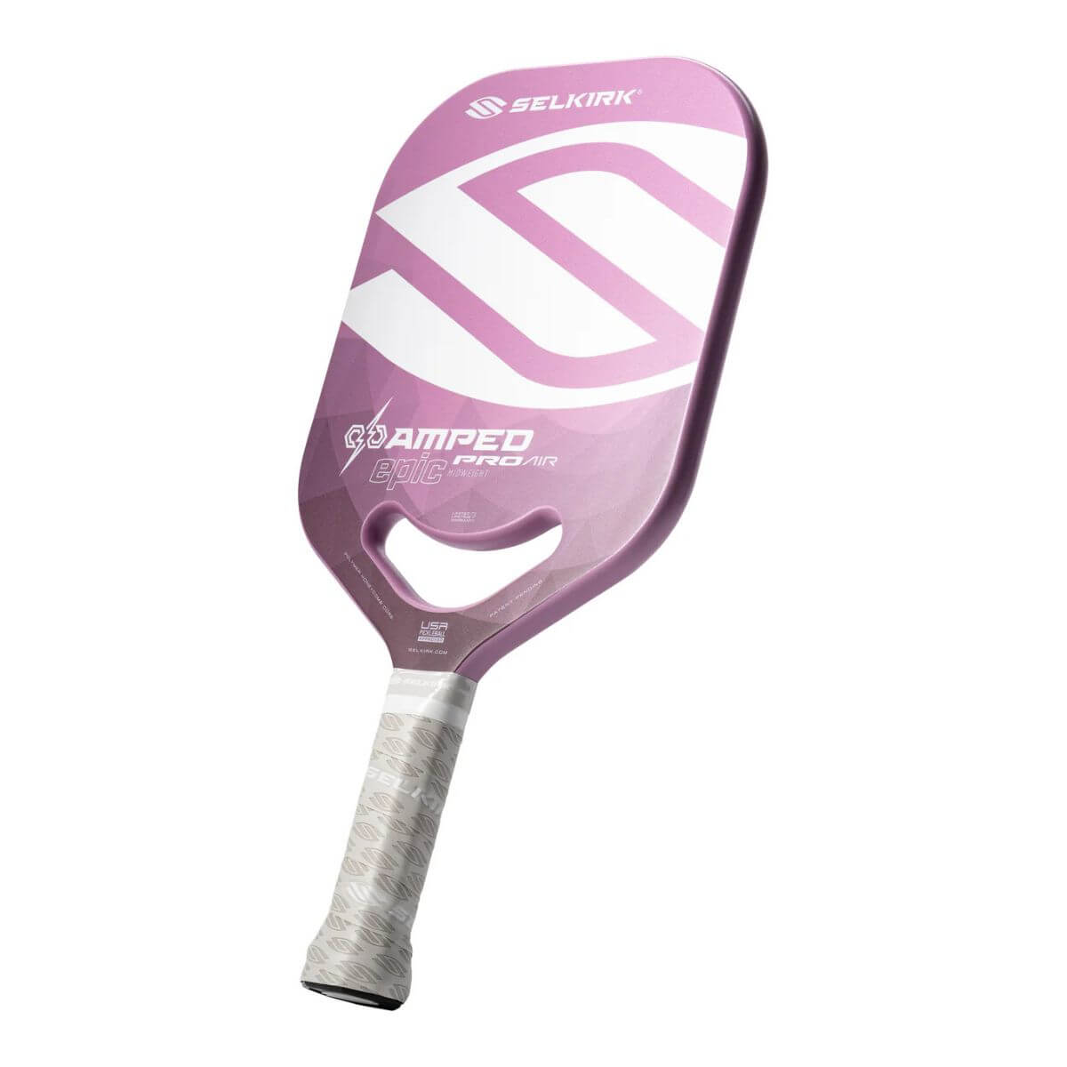 Schuin vooraanzicht van de paarse Selkirk AMPED Pro Air Epic pickleball racket met groot wit Selkirk-logo op het blad.