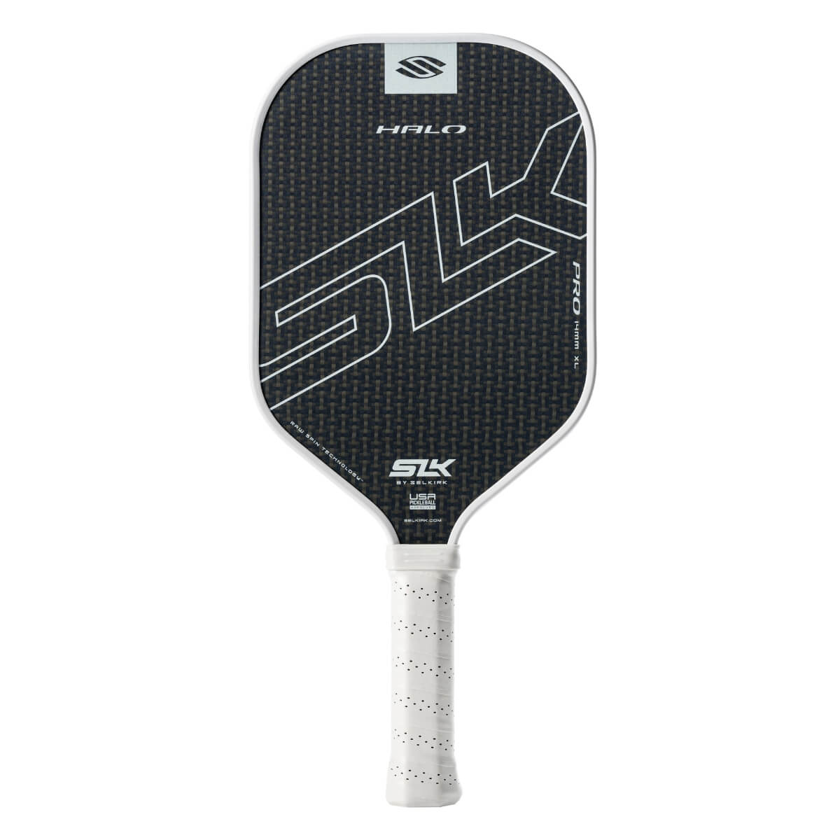 Selkirk SLK Halo Pro XL pickleball paddle zwart met blauwe schijn vooraanzicht