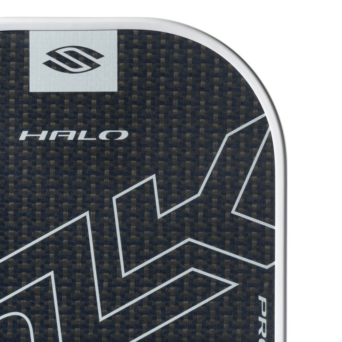 Selkirk SLK Halo Pro XL pickleball paddle zwart met blauwe schijn close-up slagoppervlak