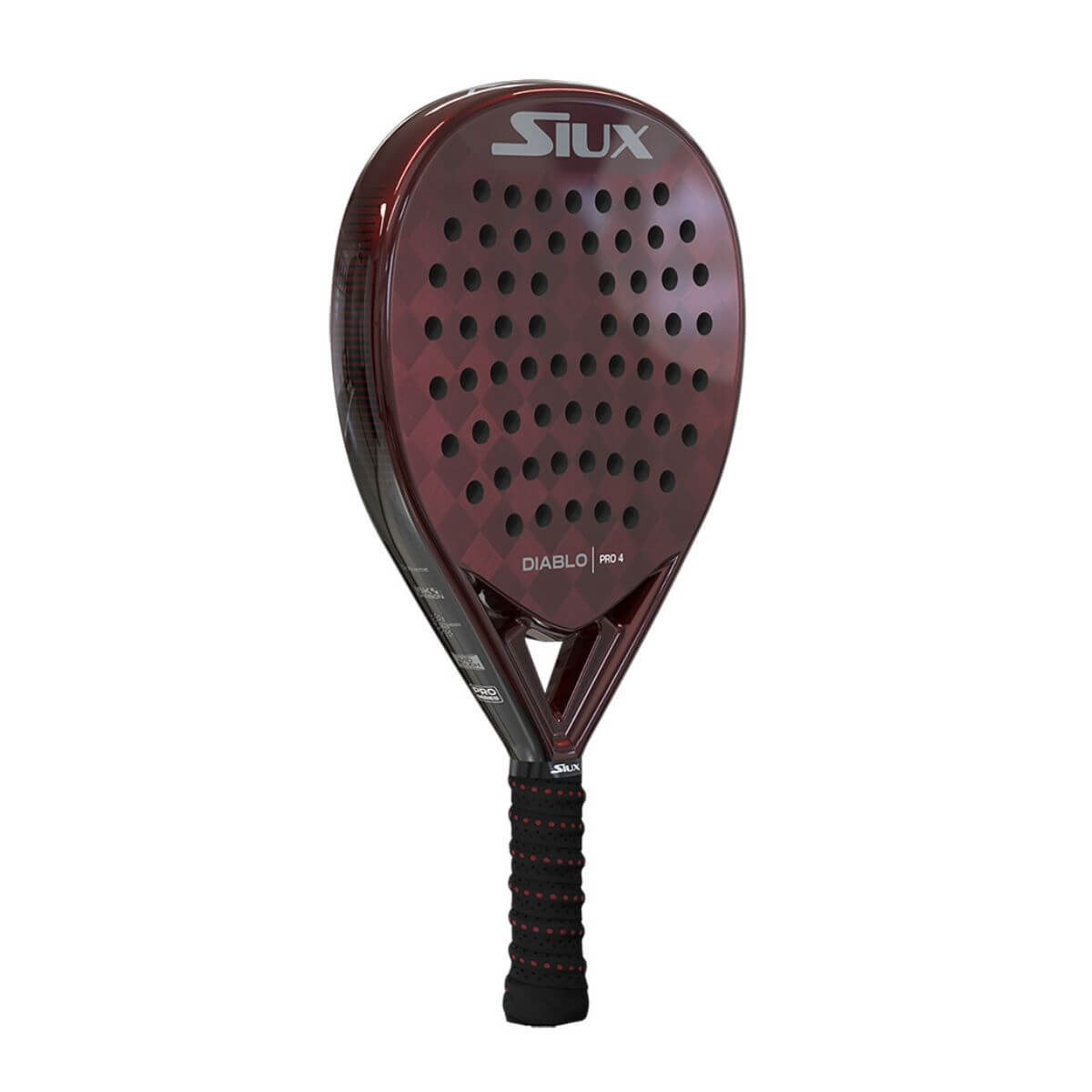 Schuin vooraanzicht: Siux Diablo Pro 4 2025 padelracket met zwarte en zilveren afwerking.