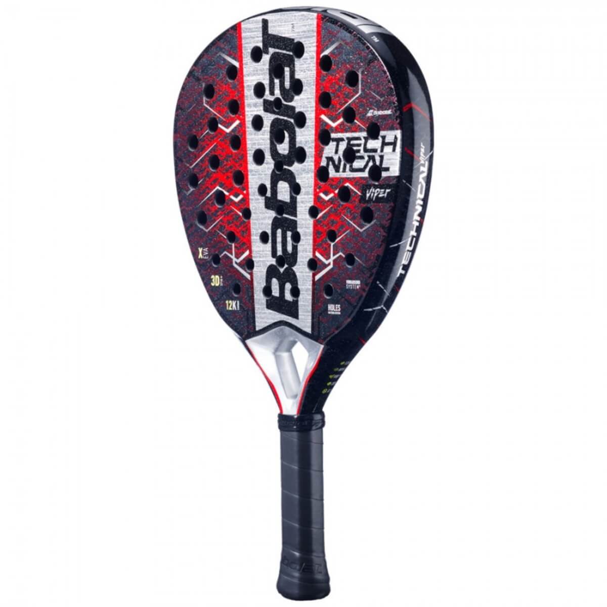 Babolat Technical Viper 2025 padelracket met diamantvormig blad en rode, zwarte en zilveren accenten schuin vooraanzicht