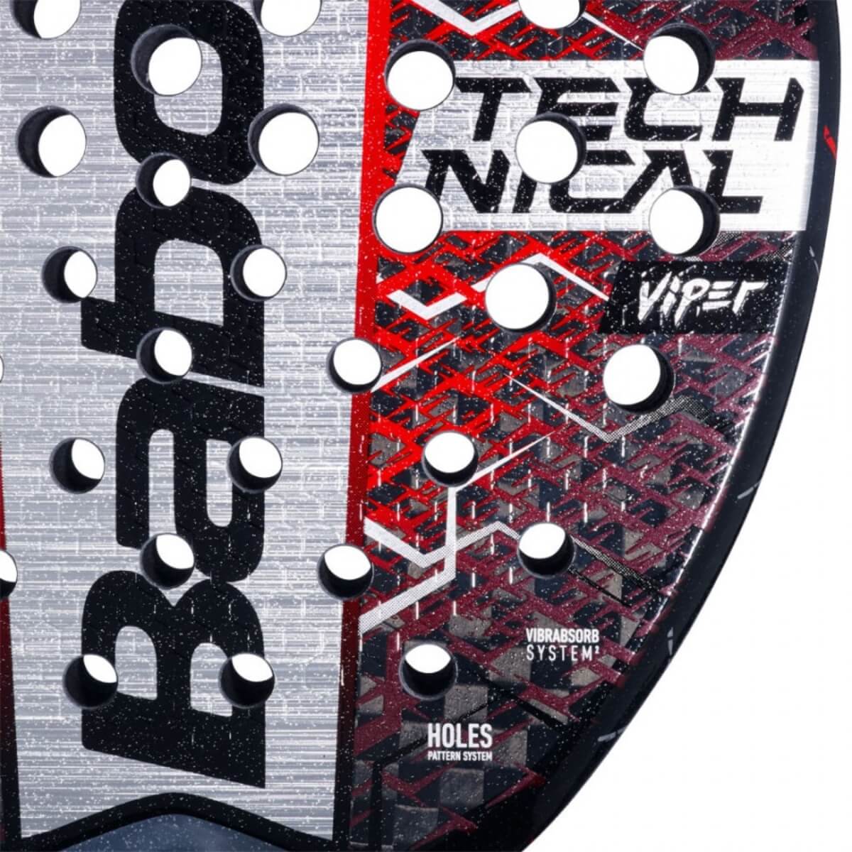 Babolat Technical Viper 2025 padelracket met diamantvormig blad en rode, zwarte en zilveren accenten close-up slagoppervlak