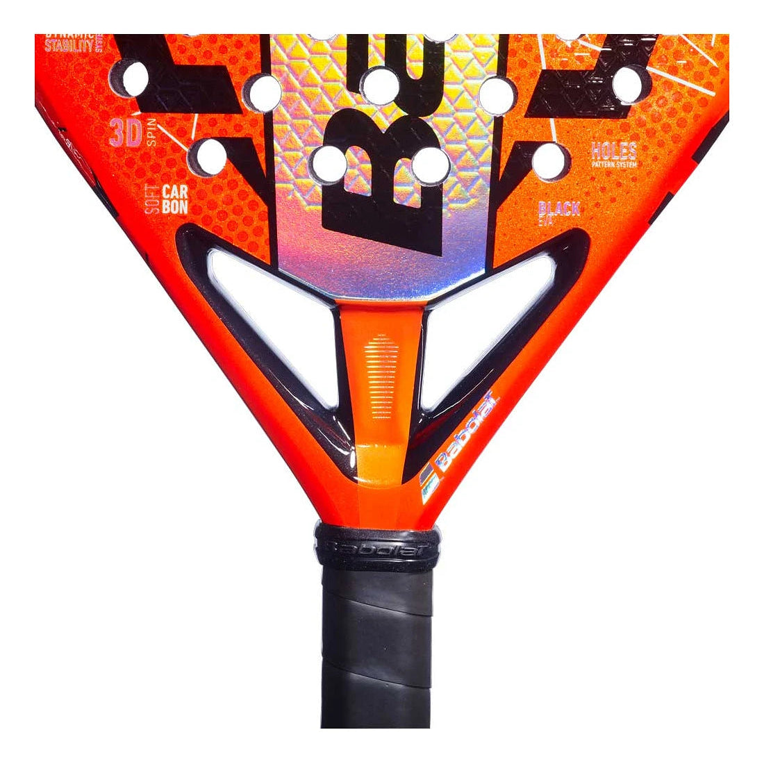 Detail kader Babolat Viper Soft Juan Lebrón 3.0: diamantvormig power padelracket met Soft Carbon, X-EVA kern en extra comfort.