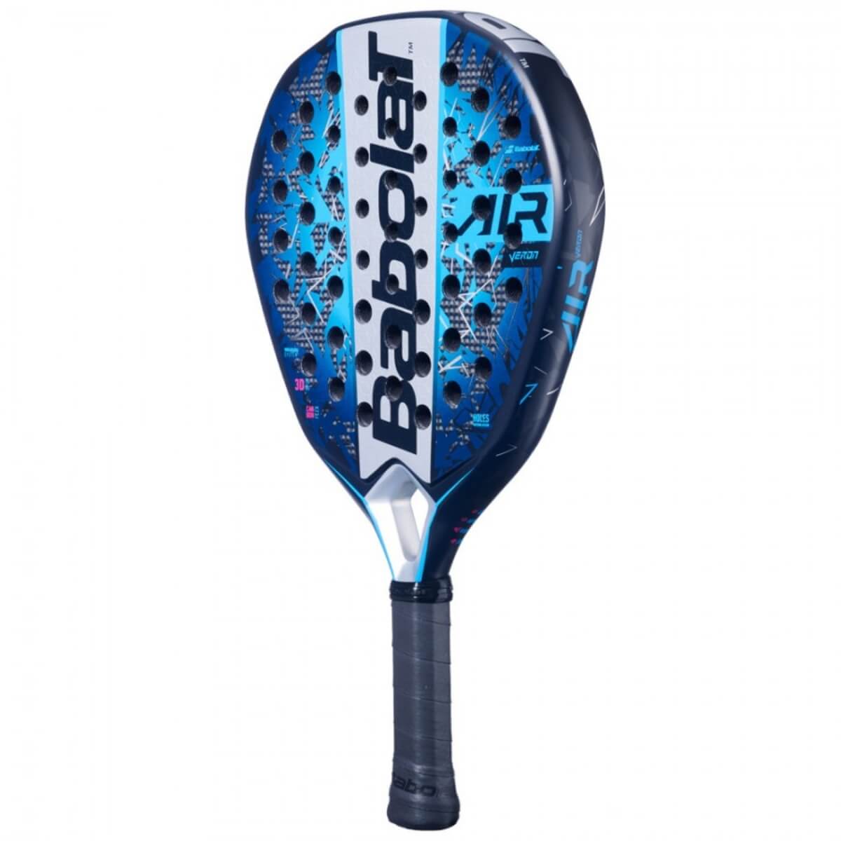 Babolat Air Veron 2.5 2025 blauwe padelracket met diamantvormig blad en witte en zilveren accenten schuin vooraanzicht