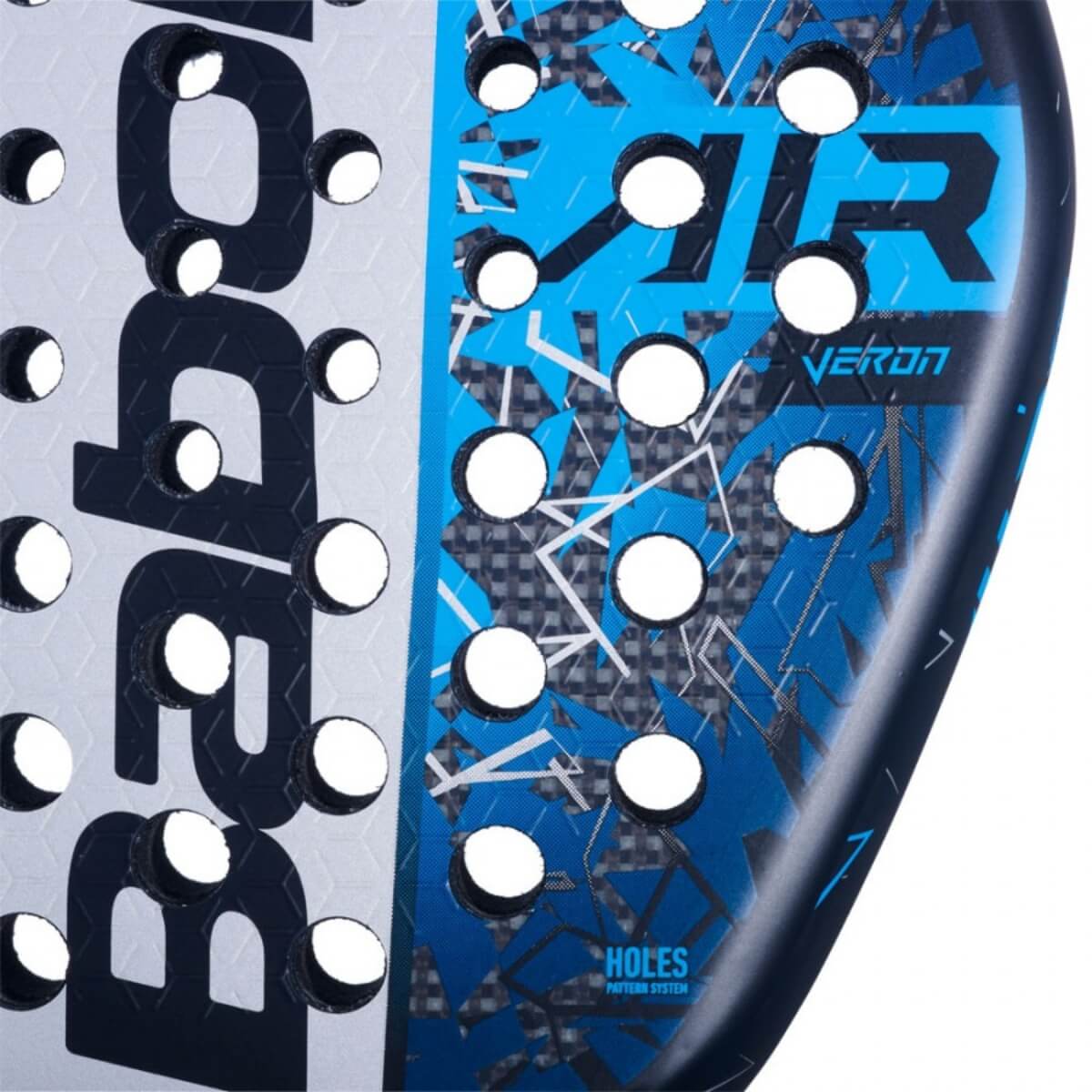 Babolat Air Veron 2.5 2025 blauwe padelracket met diamantvormig blad en witte en zilveren accenten close-up slagoppervlak